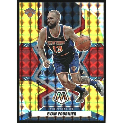 2021-22 Panini Mosaic Mosaic Choice Fusion Red and Yellow #163 Evan Fournier