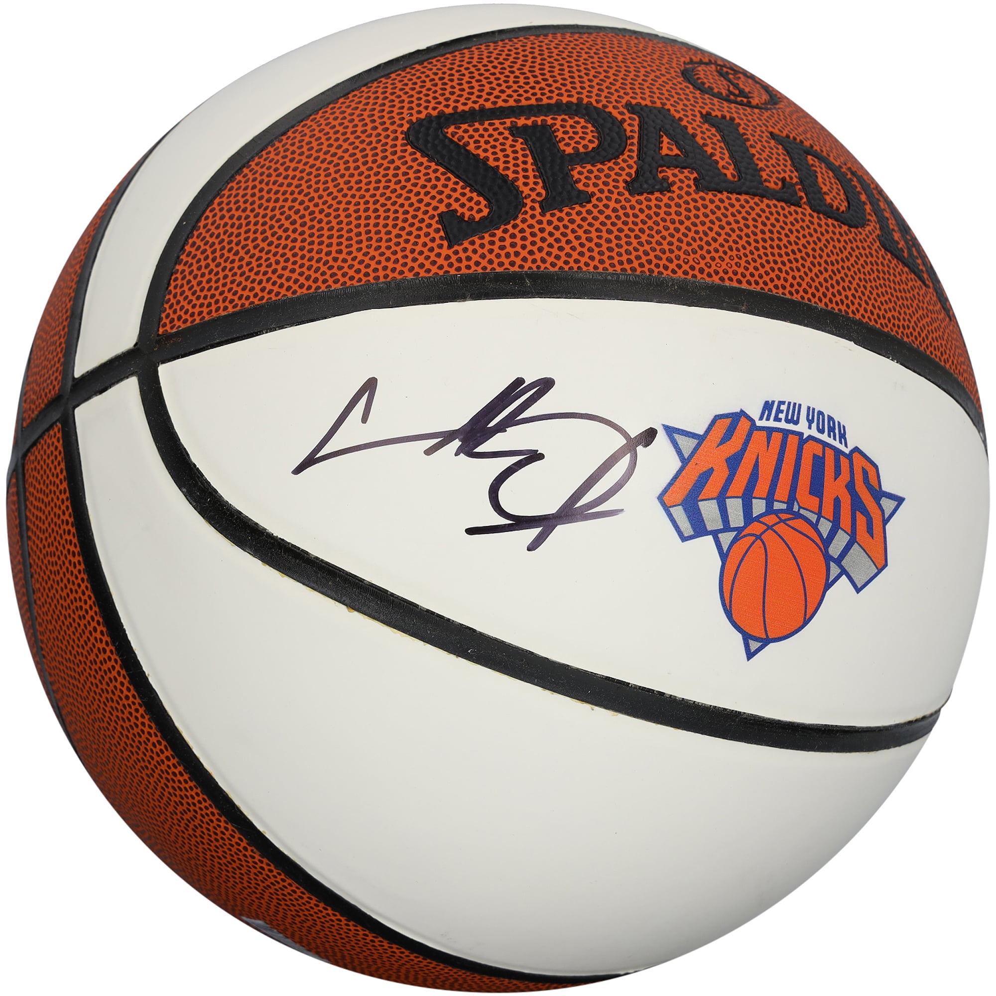 Ballon de basket Spalding à panneau blanc autographié par Charles Oakley, joueur des New York Knicks.