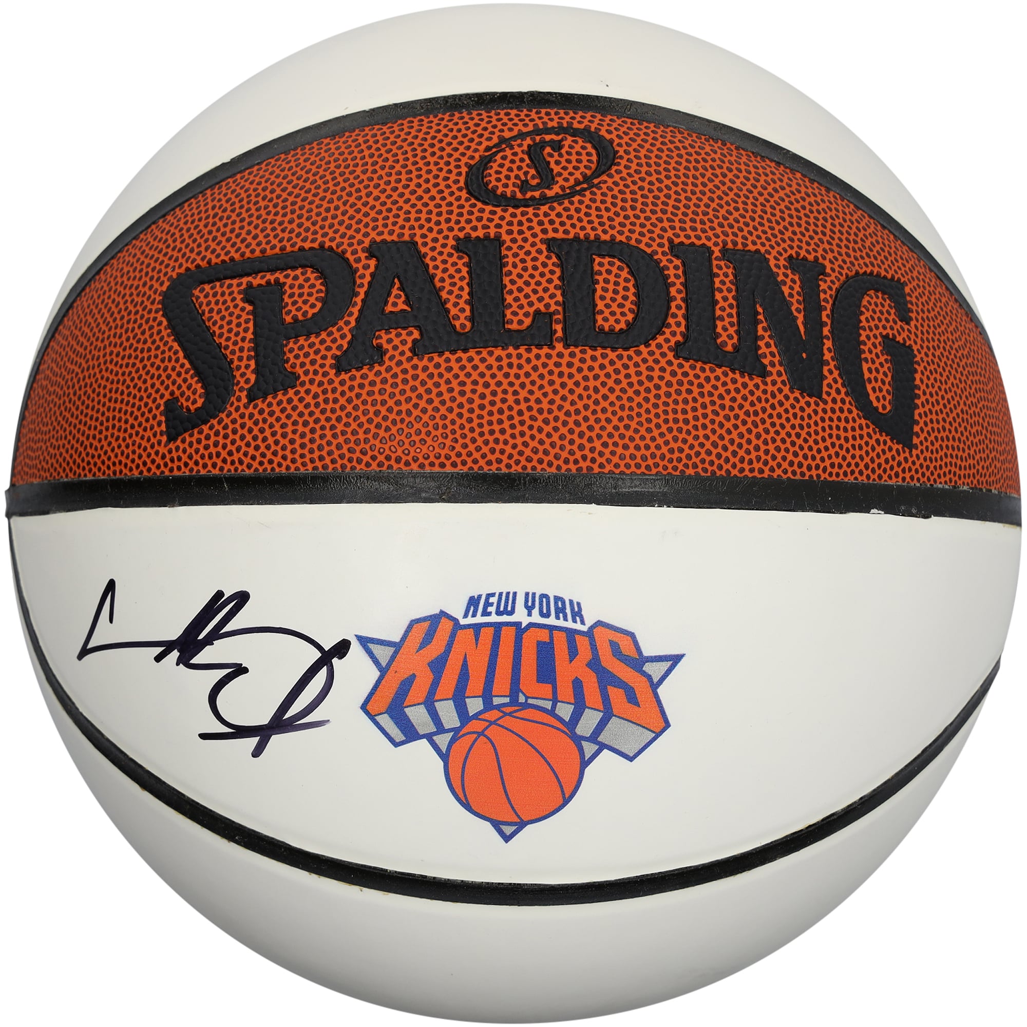 Ballon de basket Spalding à panneau blanc autographié par Charles Oakley, joueur des New York Knicks.