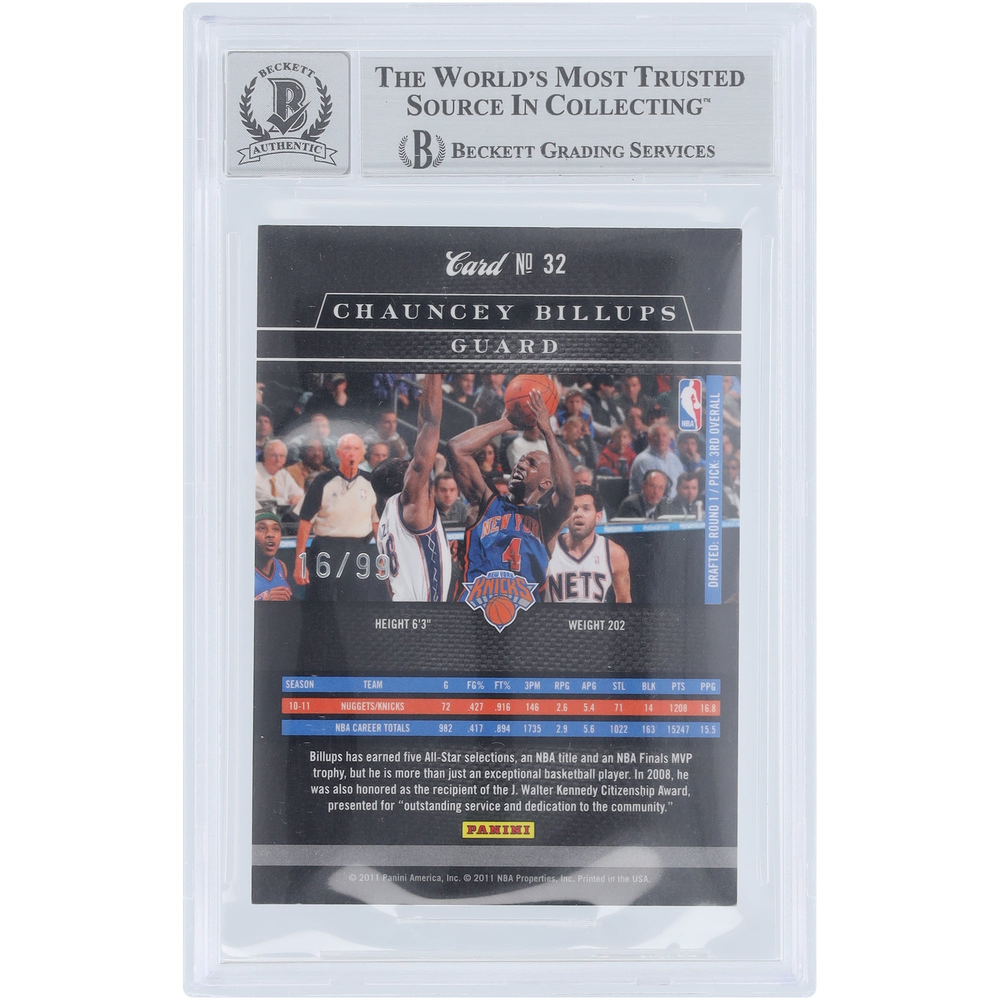 Chauncey Billups New York Knicks Autographed 2010-11 Panini Elite Black Box #32 #/99 Beckett Fanatics Witnessed Authenticated 9/10 Card