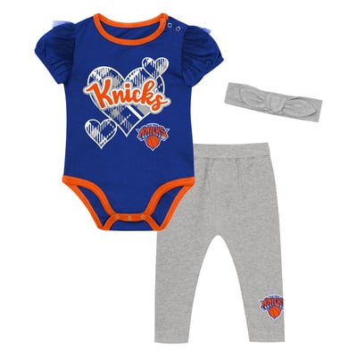 New York Knicks Outerstuff Girls Infant Team Heart Bodysuit, Pants & Headband Set - Blue/Gray