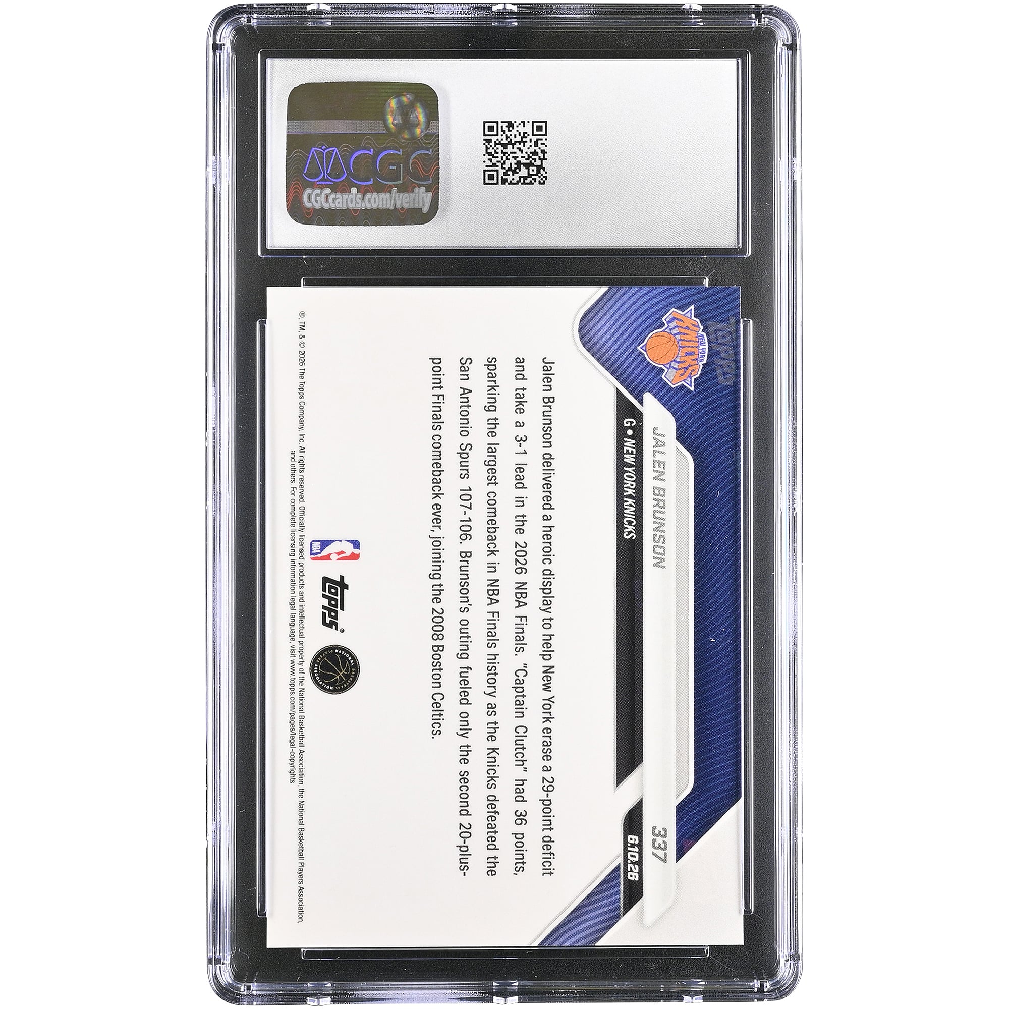 Carte Jalen Brunson New York Knicks 2025-26 Topps Now Historic Finals Comeback #337 authentifiée CGC GEM MINT 10