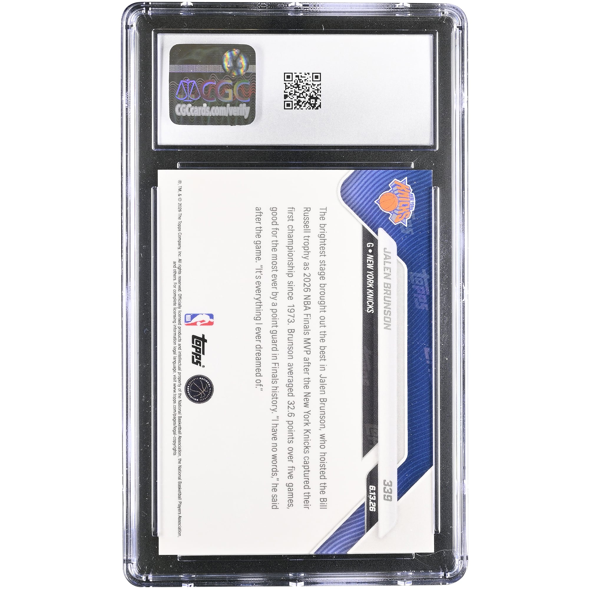 Carte Jalen Brunson New York Knicks 2025-26 Topps Now MVP des finales NBA n° 339, authentifiée CGC, état neuf (GEM MINT 10).