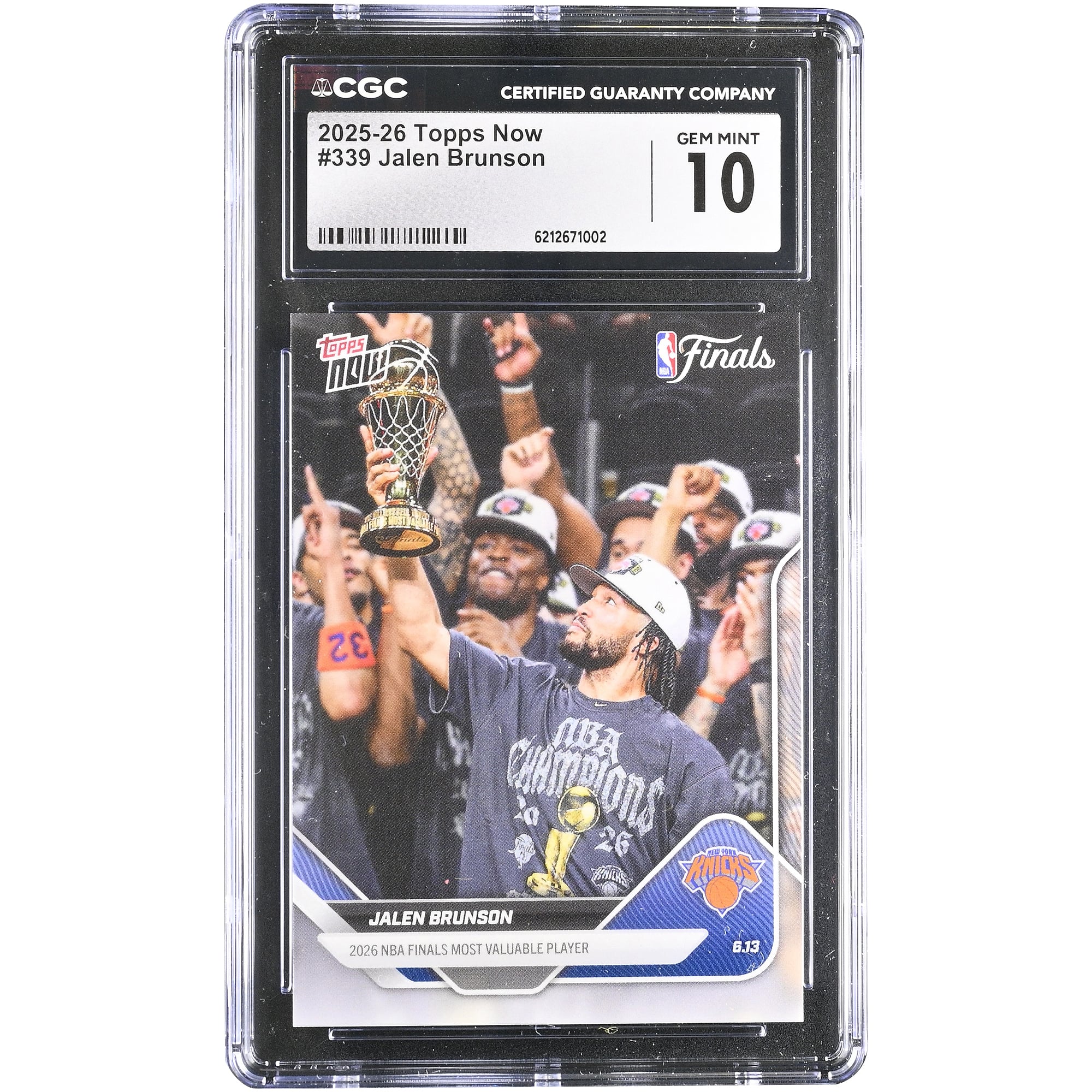 Carte Jalen Brunson New York Knicks 2025-26 Topps Now MVP des finales NBA n° 339, authentifiée CGC, état neuf (GEM MINT 10).