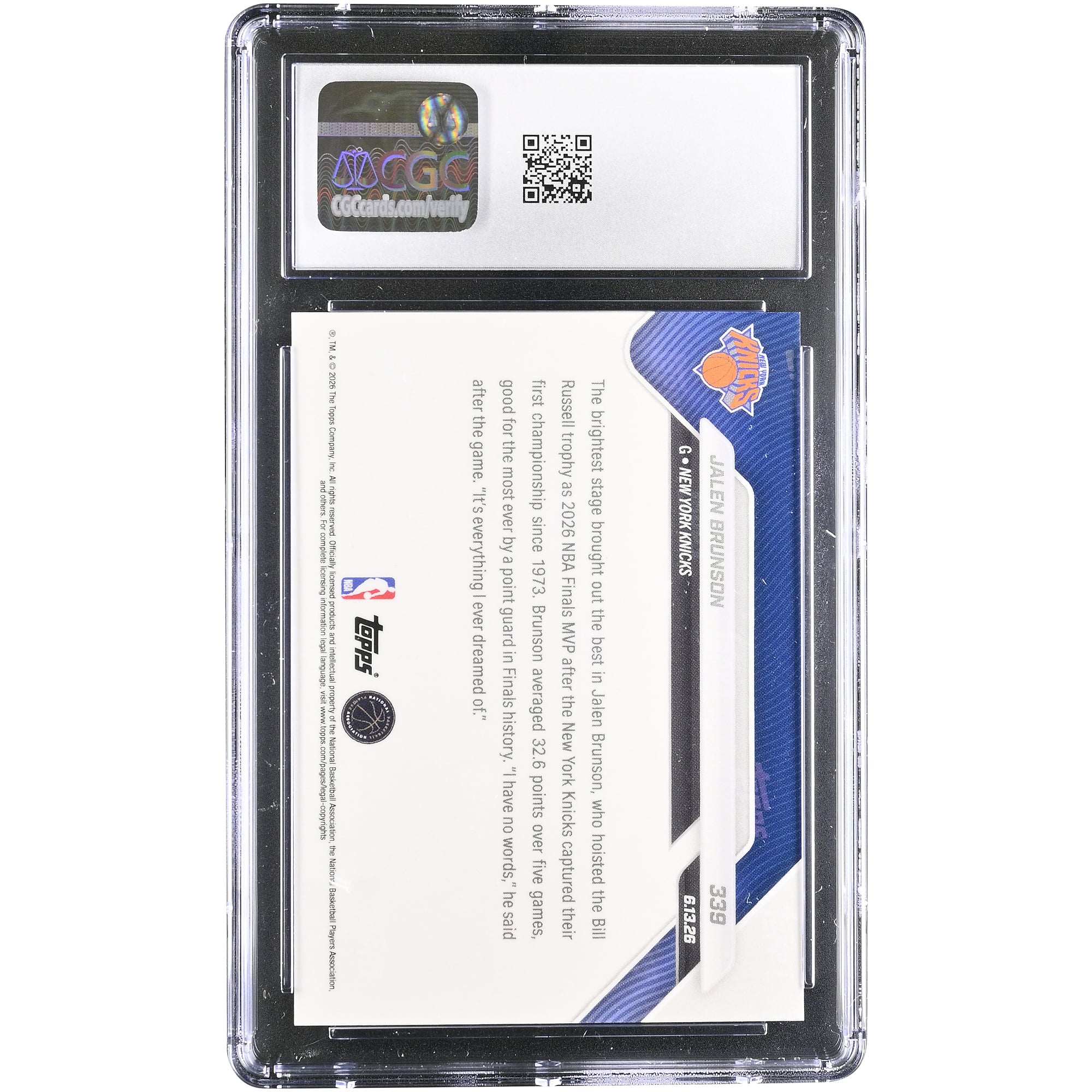 Carte Jalen Brunson New York Knicks 2025-26 Topps Now MVP des finales NBA n° 339, authentifiée CGC MINT+ 9.5