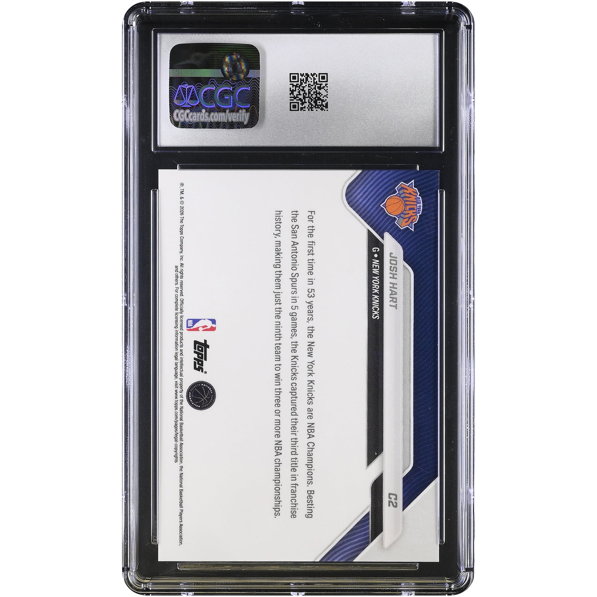 Carte Josh Hart New York Knicks 2025-26 Topps Now Champions NBA #C2 Authentifiée CGC MINT+ 9.5