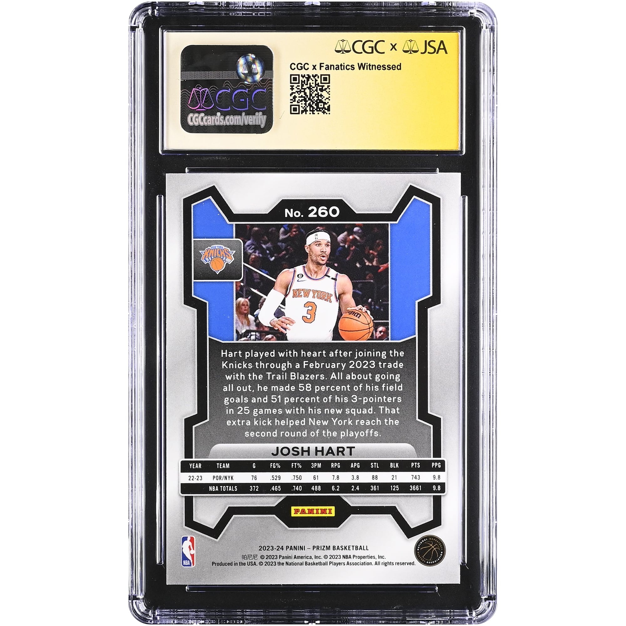 Carte autographiée de Josh Hart (New York Knicks) 2023-24 Panini Prizm n° 260, certifiée CGC par Fanatics Witnessed (9/10).