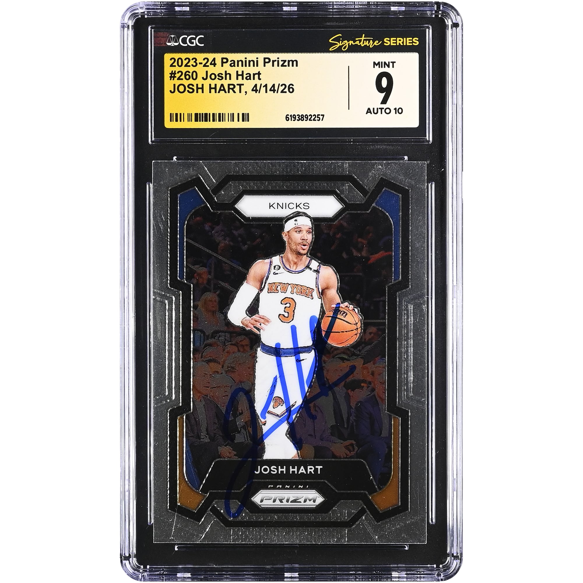 Carte autographiée de Josh Hart (New York Knicks) 2023-24 Panini Prizm n° 260, certifiée CGC par Fanatics Witnessed (9/10).