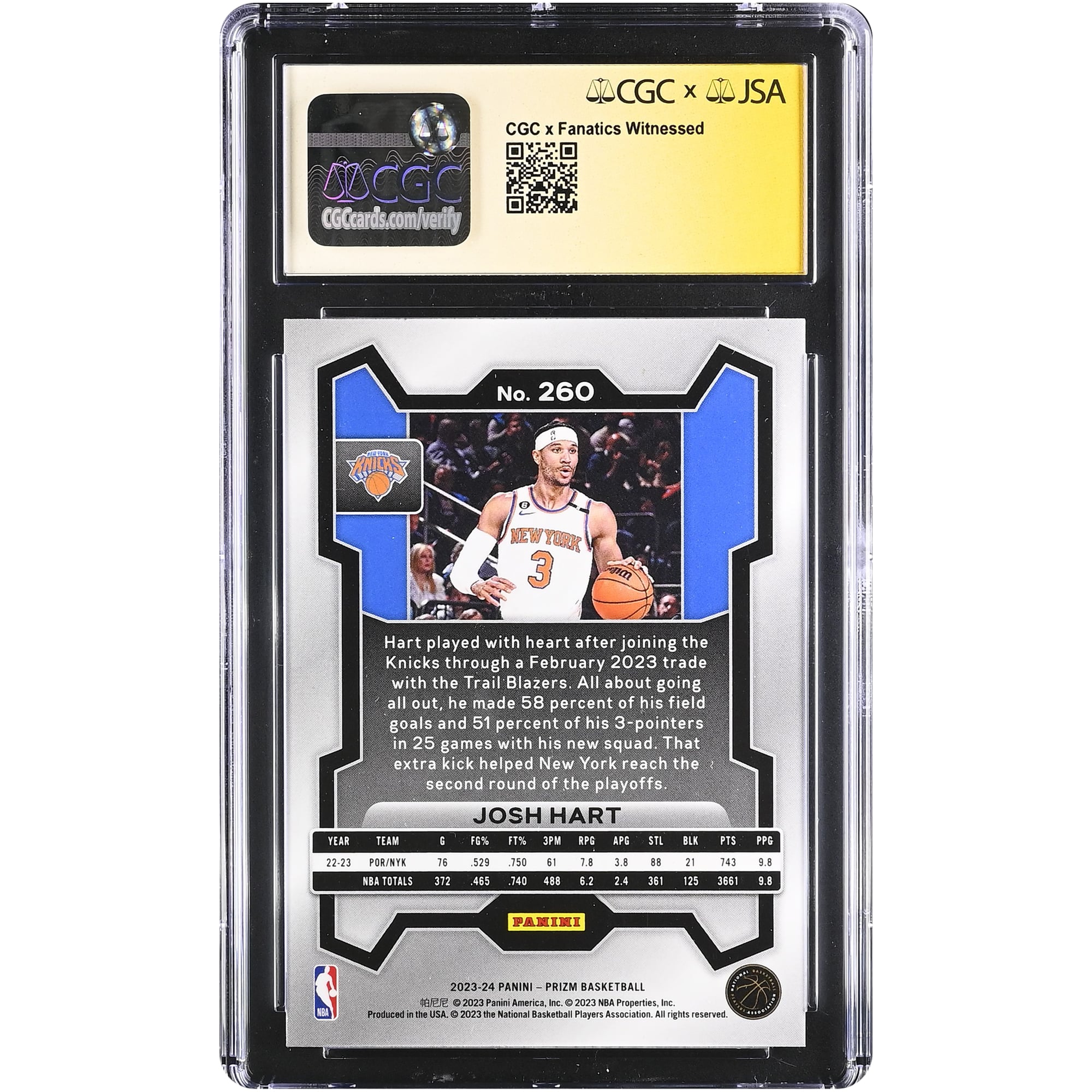 Carte autographiée de Josh Hart (New York Knicks) 2023-24 Panini Prizm n° 260, authentifiée par CGC Fanatics Witnessed (note 9,5/10).