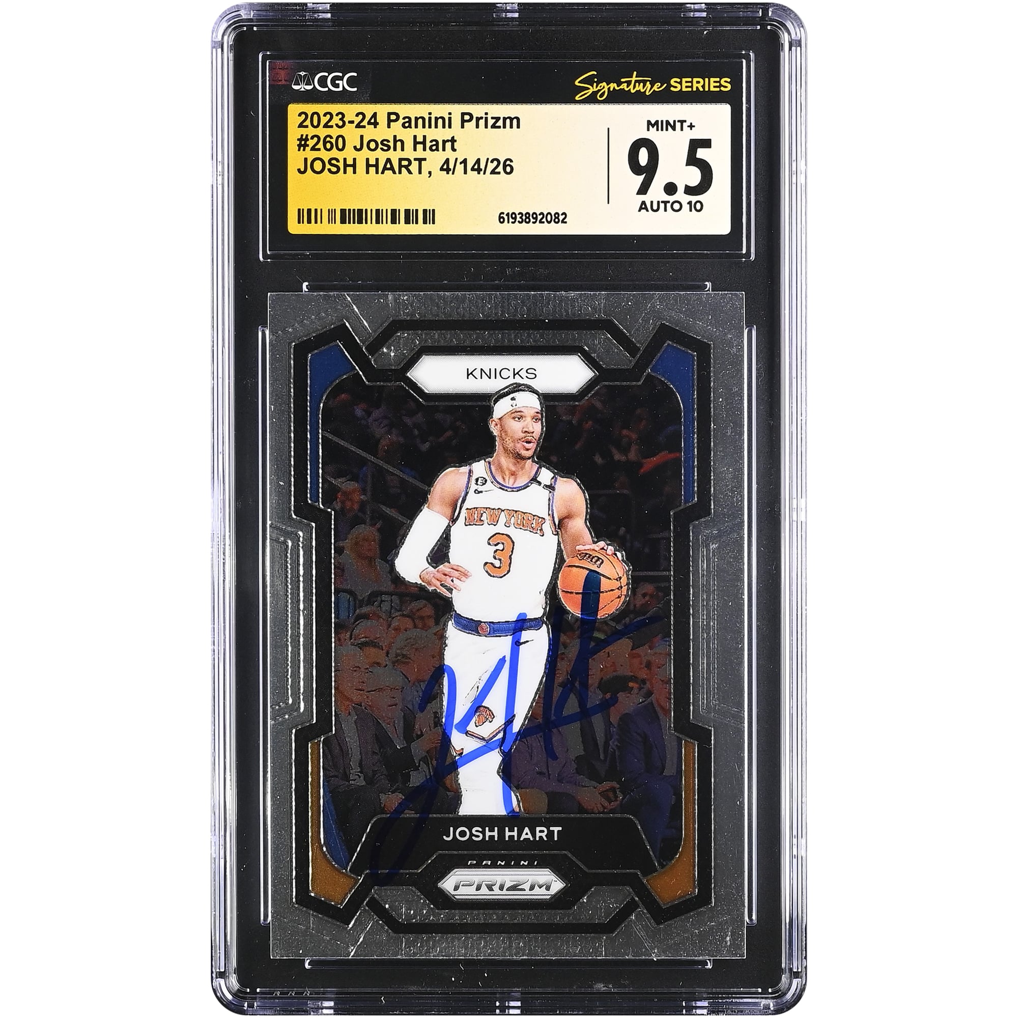 Carte autographiée de Josh Hart (New York Knicks) 2023-24 Panini Prizm n° 260, authentifiée par CGC Fanatics Witnessed (note 9,5/10).