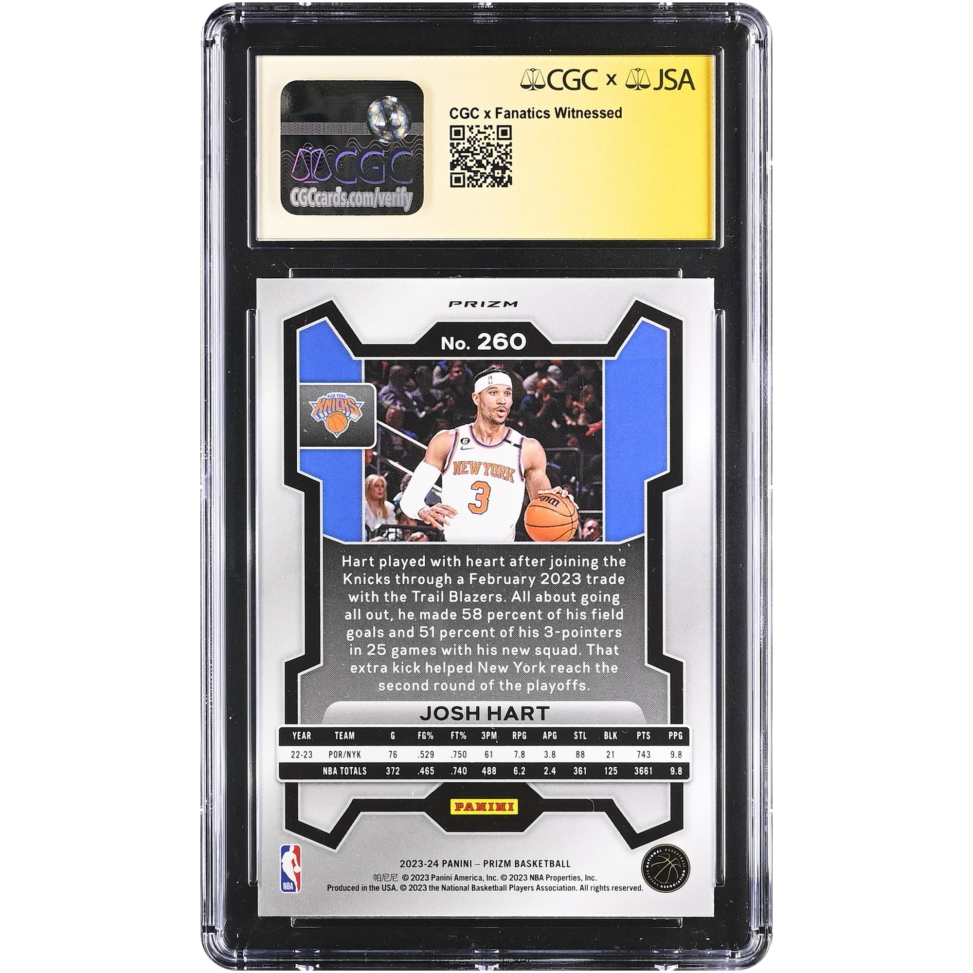 Josh Hart New York Knicks Autographed 2023-24 Panini Prizm Pink Ice #260 CGC Fanatics Witnessed Authenticated 9.5/10 Card