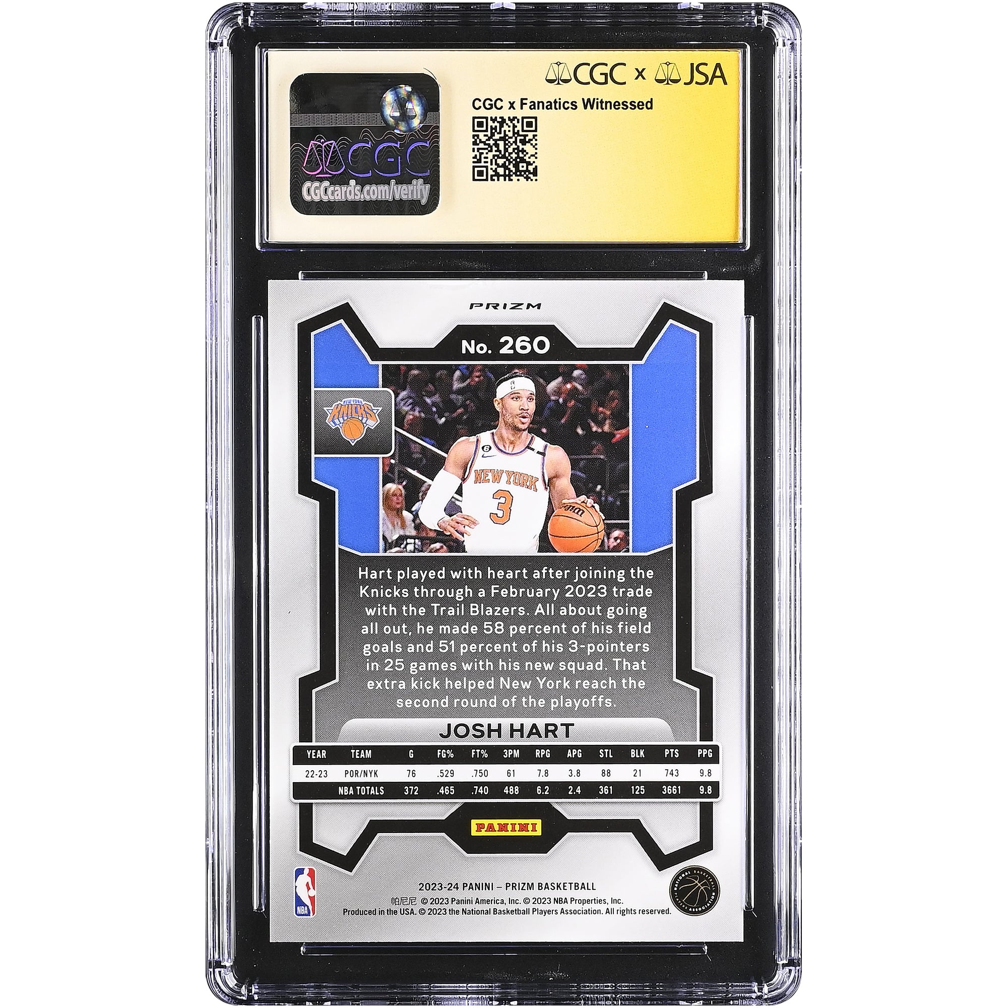 Josh Hart New York Knicks Autographed 2023-24 Panini Prizm Pink Ice #260 CGC Fanatics Witnessed Authenticated AUTO 10 Card