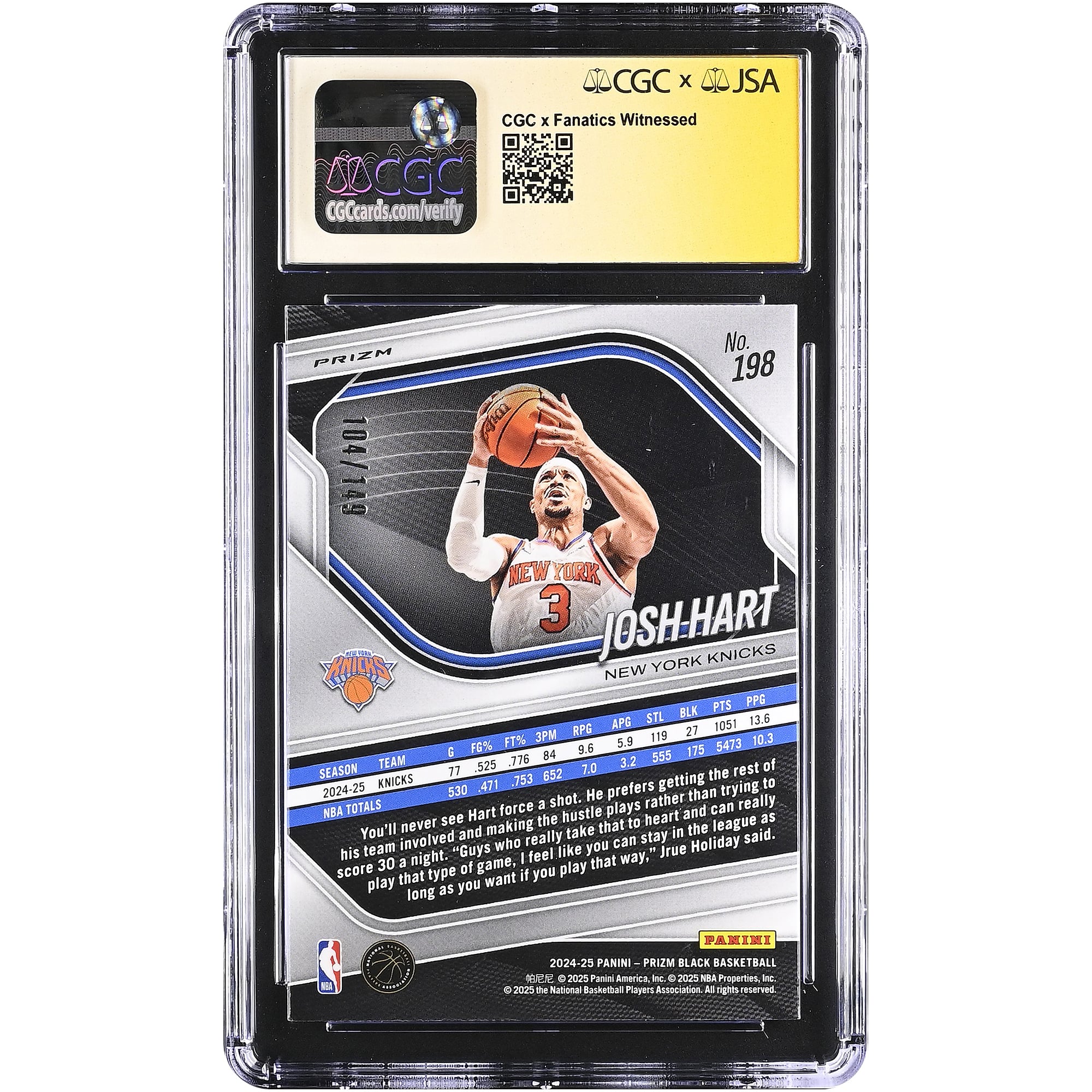 Josh Hart New York Knicks Autographed 2024-25 Panini Prizm Black Purple Ice #198 CGC Fanatics Witnessed Authenticated Card
