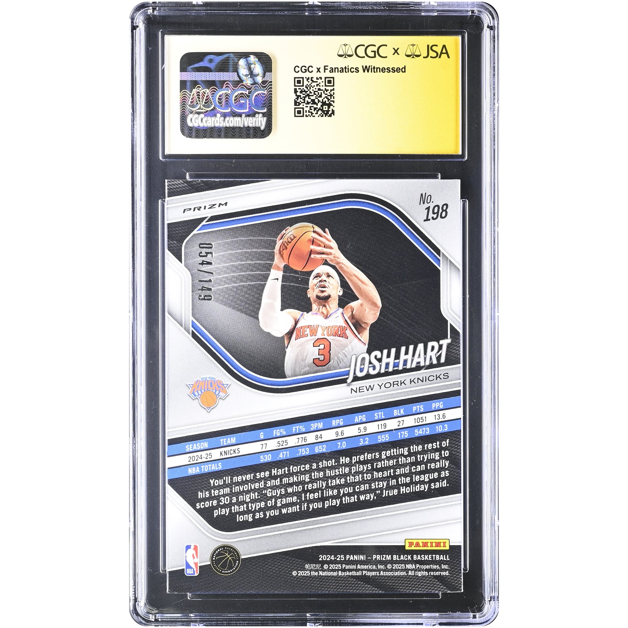 Josh Hart New York Knicks Autographed 2024-25 Panini Prizm Black Purple Ice #198 CGC Fanatics Witnessed Authenticated MINT 9 Card