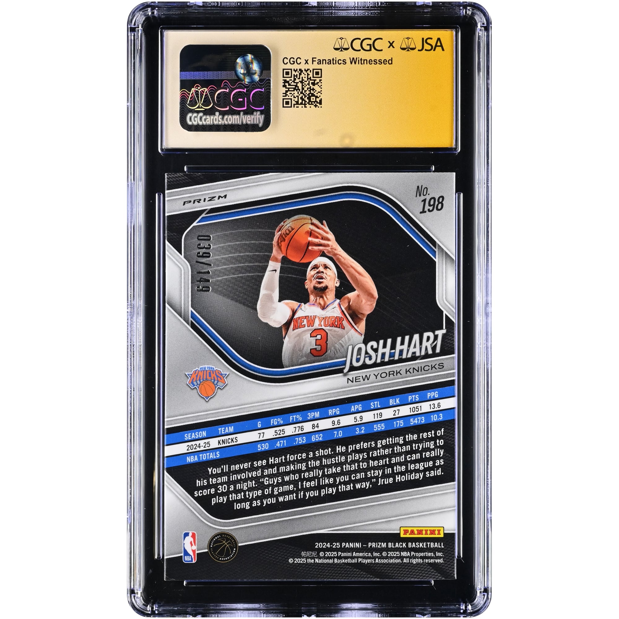 Josh Hart New York Knicks Autographed 2024-25 Panini Prizm Black Purple Ice #198 CGC Fanatics Witnessed Authenticated MINT+ 9.5 Card