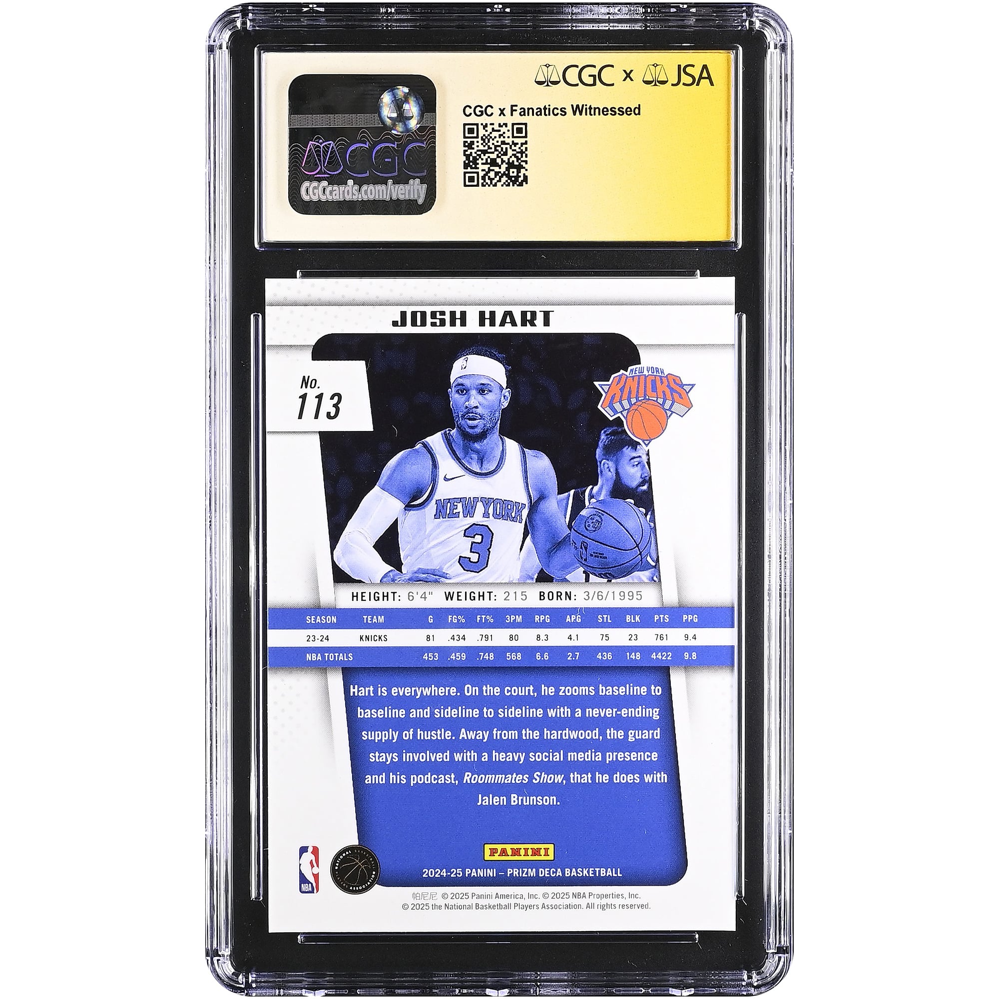 Carte autographiée de Josh Hart (New York Knicks) 2024-25 Panini Prizm Deca n° 113, authentifiée par Fanatics Witnessed (CGC, état 9,5/10).