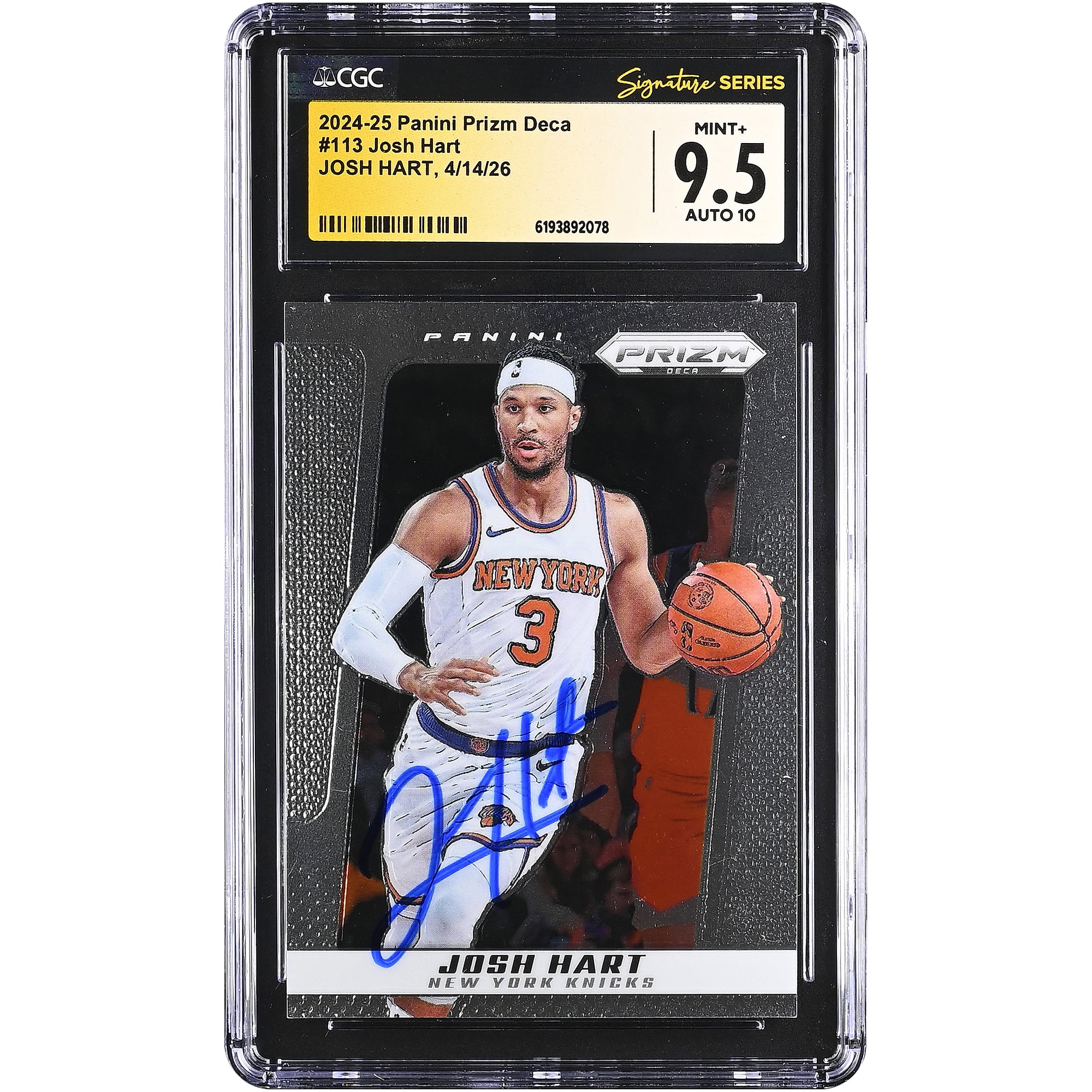 Carte autographiée de Josh Hart (New York Knicks) 2024-25 Panini Prizm Deca n° 113, authentifiée par Fanatics Witnessed (CGC, état 9,5/10).