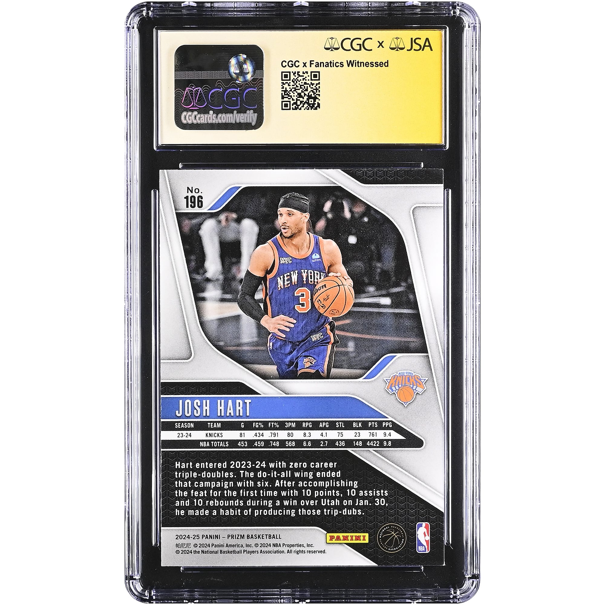 Carte autographiée de Josh Hart (New York Knicks) 2024-25 Panini Prizm n° 196, certifiée CGC par Fanatics Witnessed (9/10).