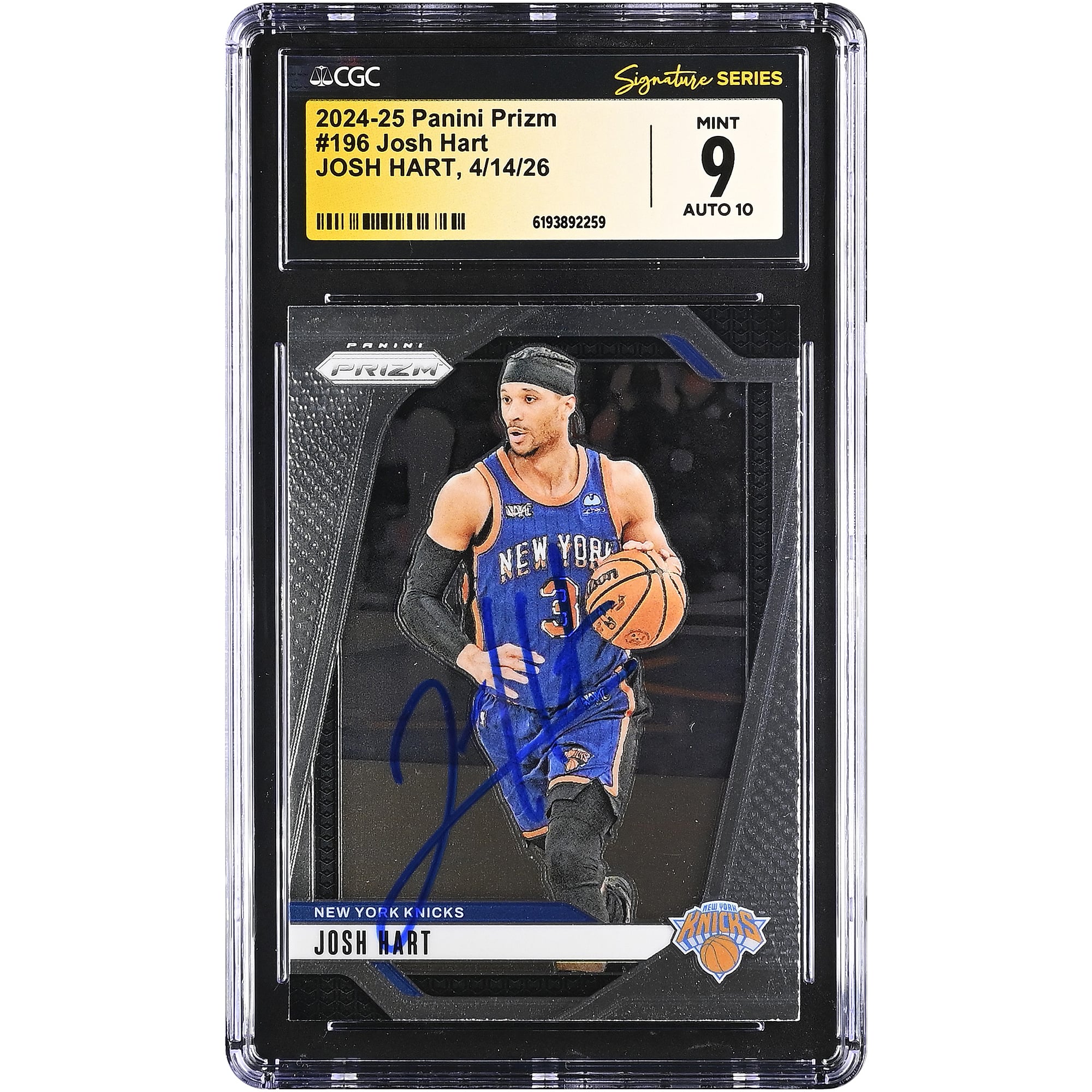 Carte autographiée de Josh Hart (New York Knicks) 2024-25 Panini Prizm n° 196, certifiée CGC par Fanatics Witnessed (9/10).