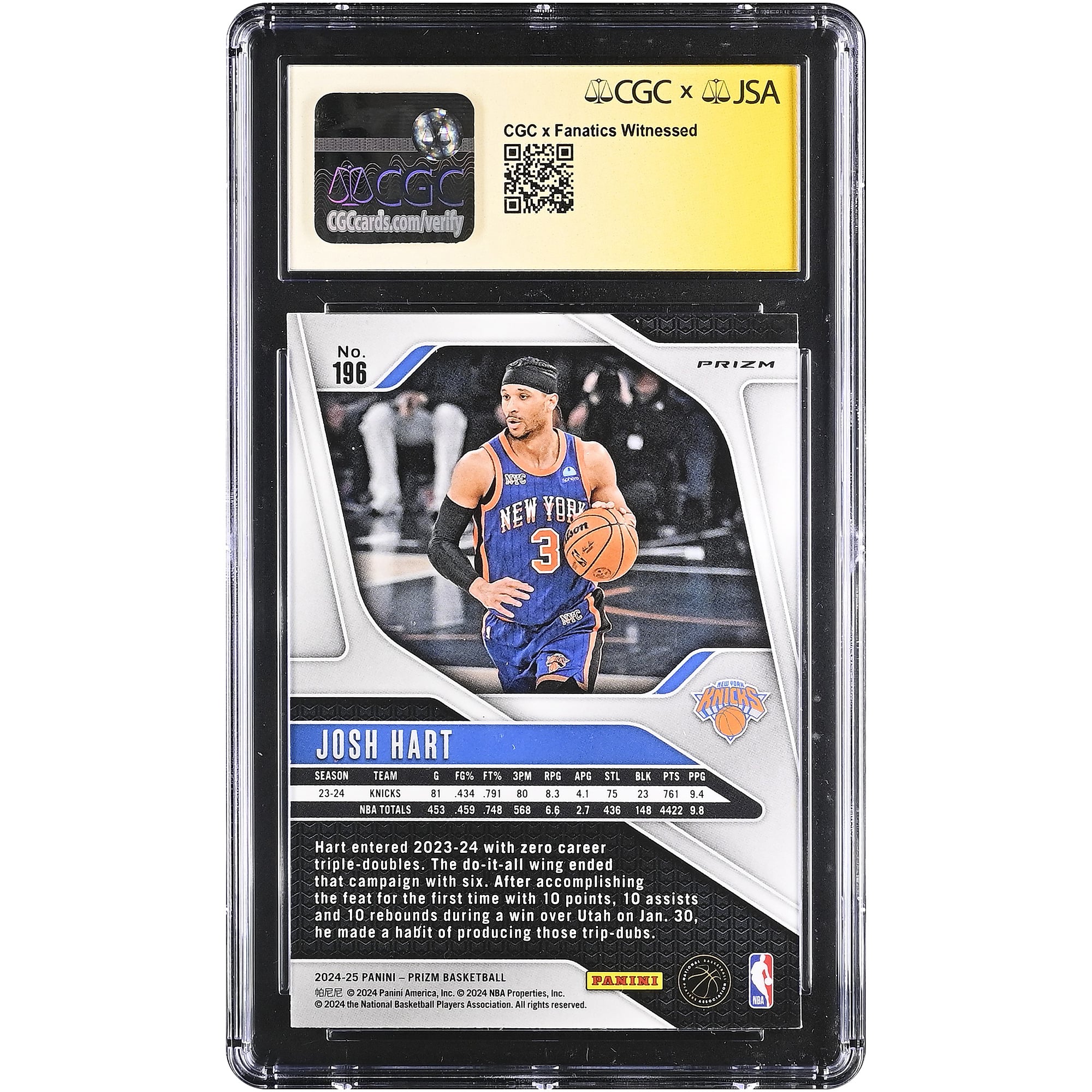 Carte autographiée de Josh Hart (New York Knicks) 2024-25 Panini Prizm Silver n° 196, authentifiée par Fanatics Witnessed (CGC, état 9,5/10).