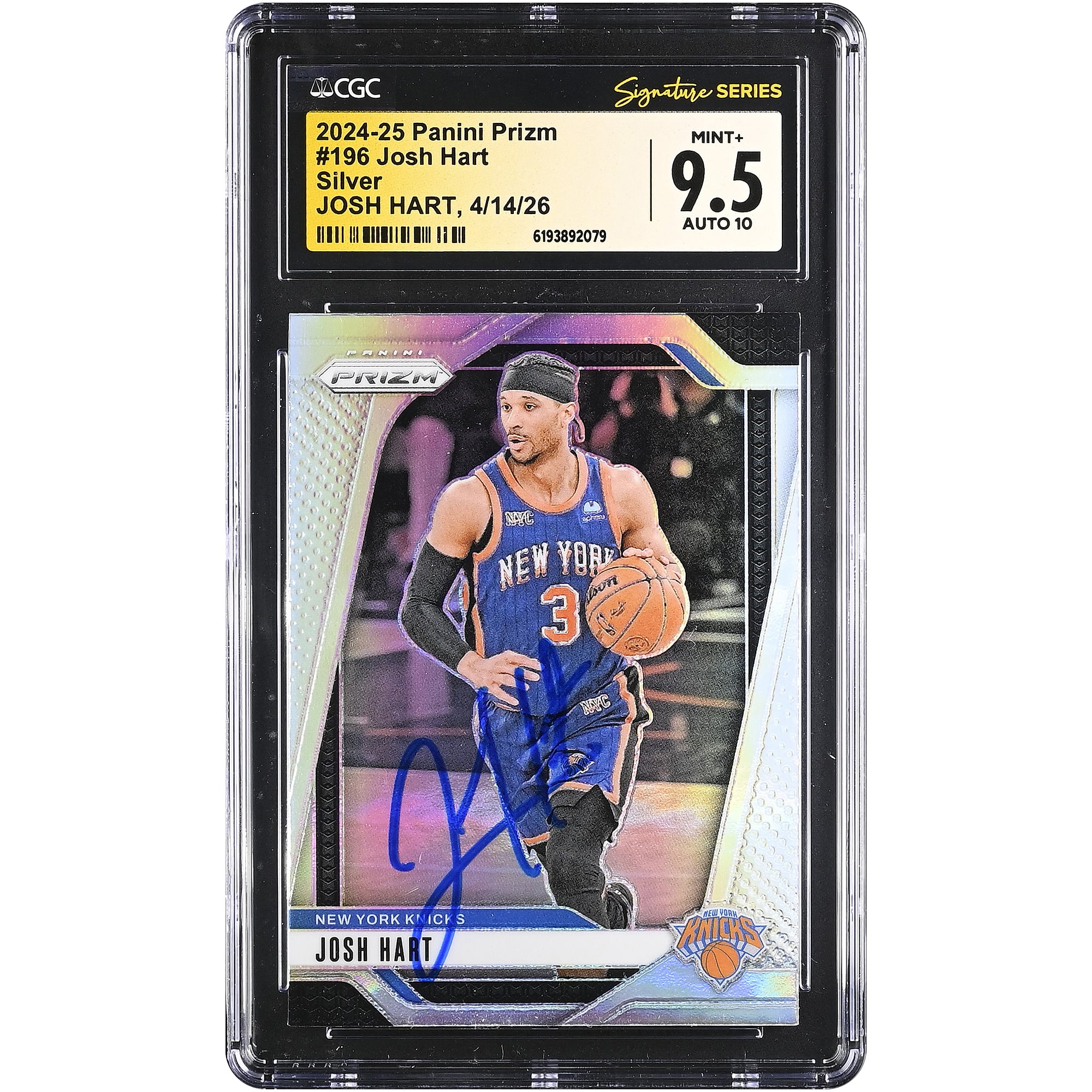 Carte autographiée de Josh Hart (New York Knicks) 2024-25 Panini Prizm Silver n° 196, authentifiée par Fanatics Witnessed (CGC, état 9,5/10).