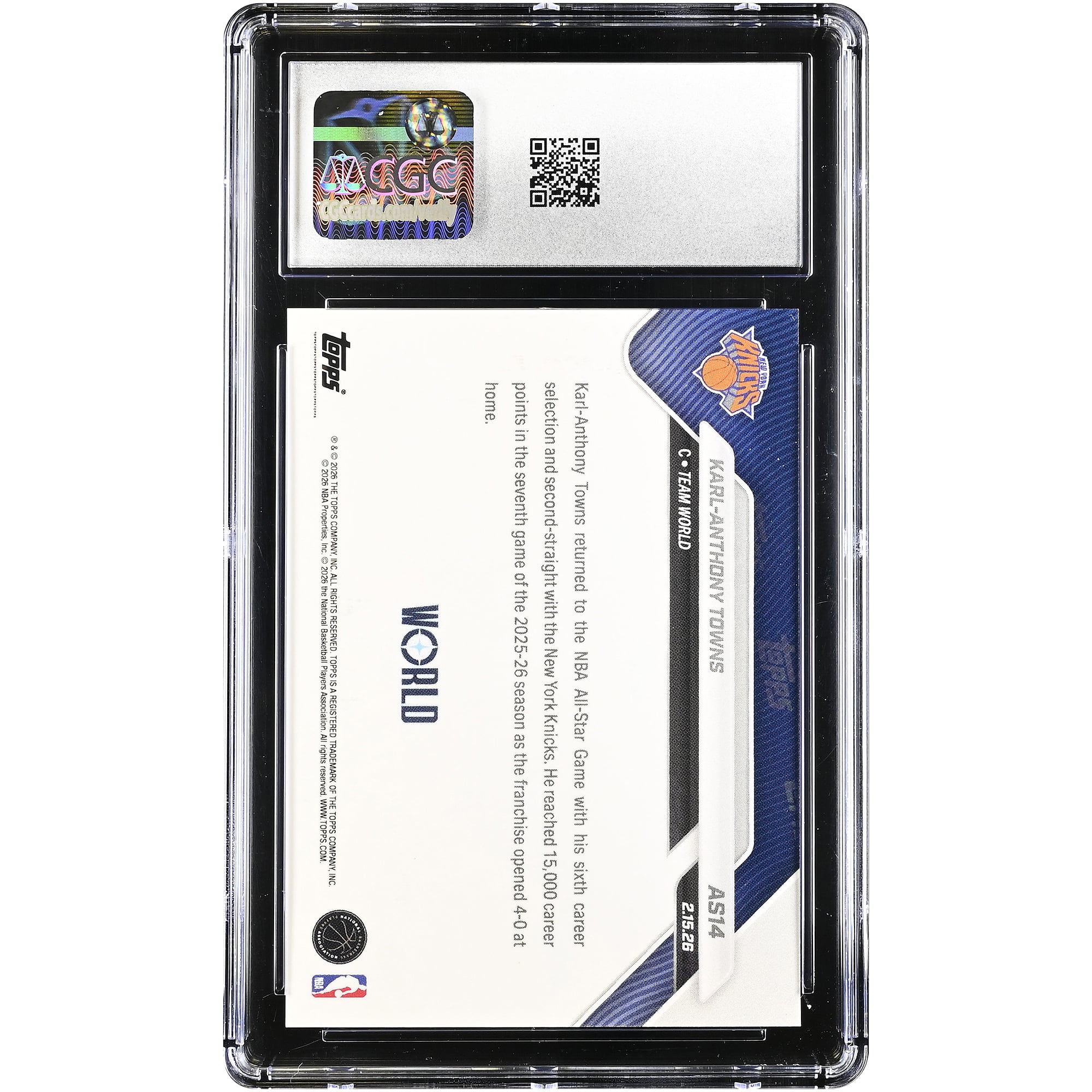 Carte Karl-Anthony Towns New York Knicks 2025-26 Topps Now All-Star Game #AS14 authentifiée CGC 9.5