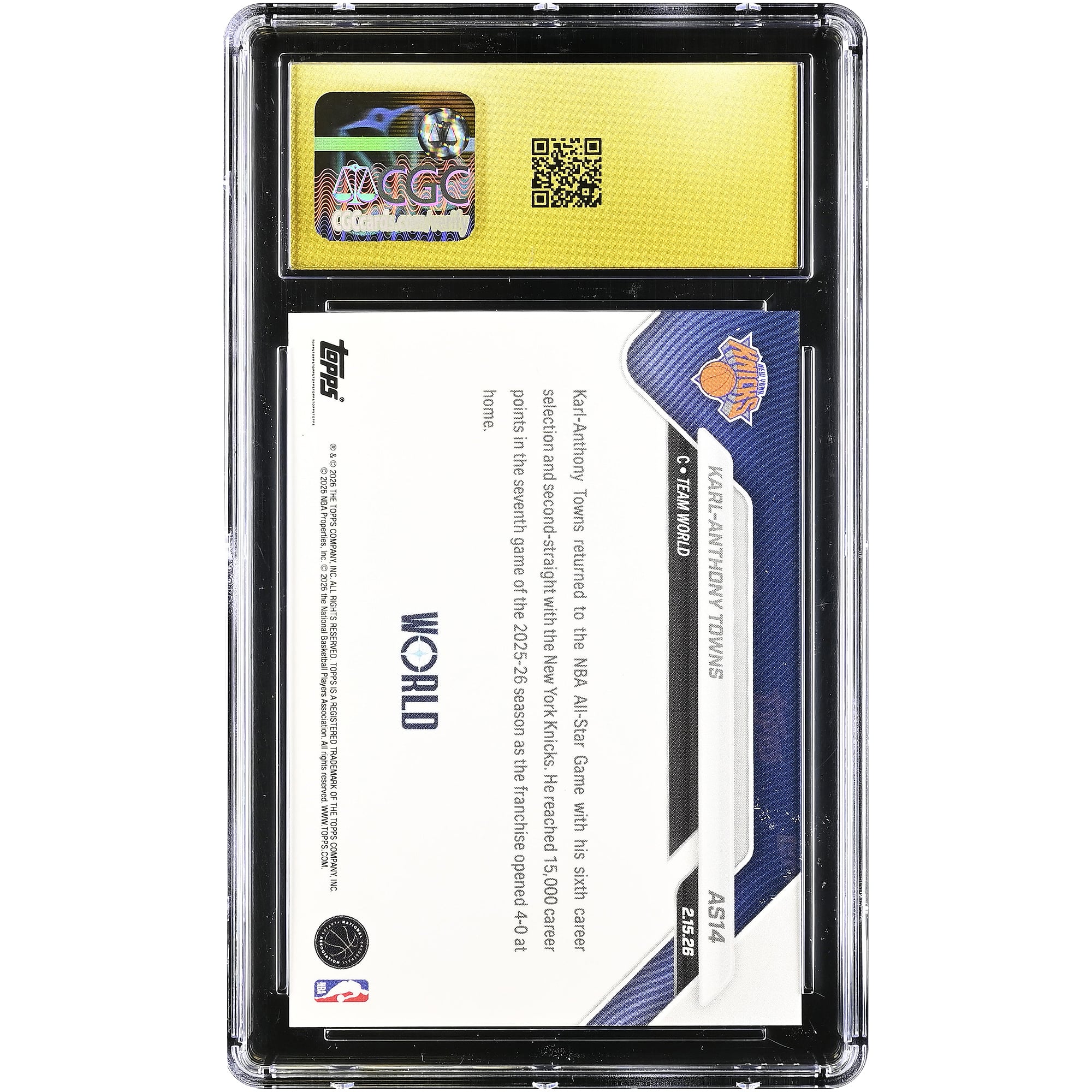 Karl-Anthony Towns New York Knicks 2025-26 Topps Now All-Star Game #AS14 CGC Authenticated PRISTINE 10 Card