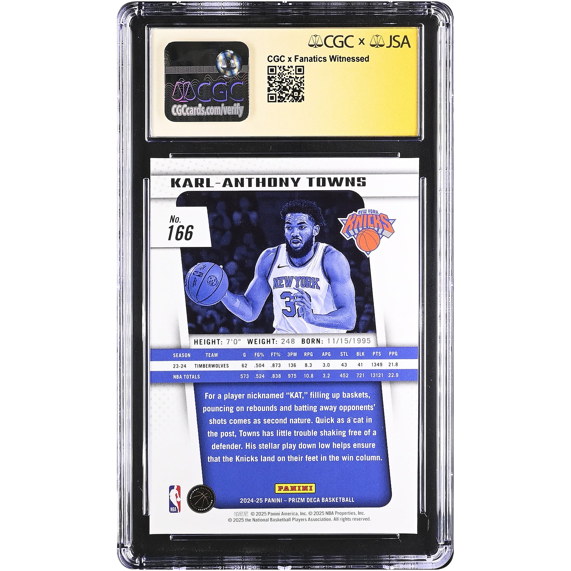 Karl-Anthony Towns New York Knicks Autographed 2024-25 Panini Prizm Deca #166 CGC Fanatics Witnessed Authenticated AUTO 10 Card