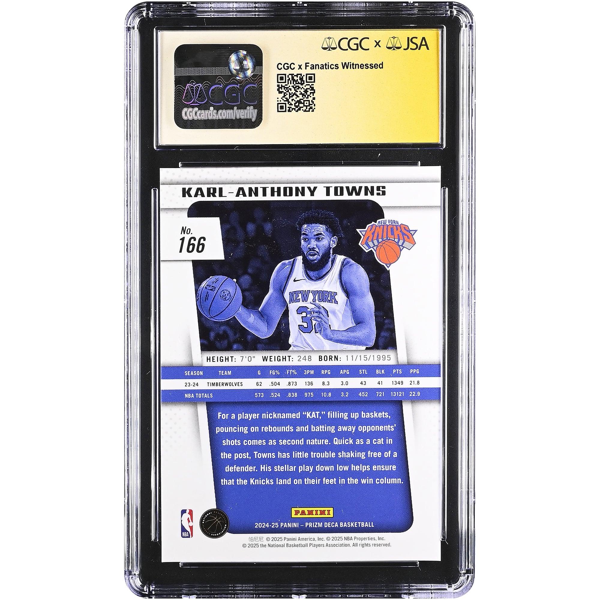 Karl-Anthony Towns New York Knicks Autographed 2024-25 Panini Prizm Deca #166 CGC Fanatics Witnessed Authenticated Card