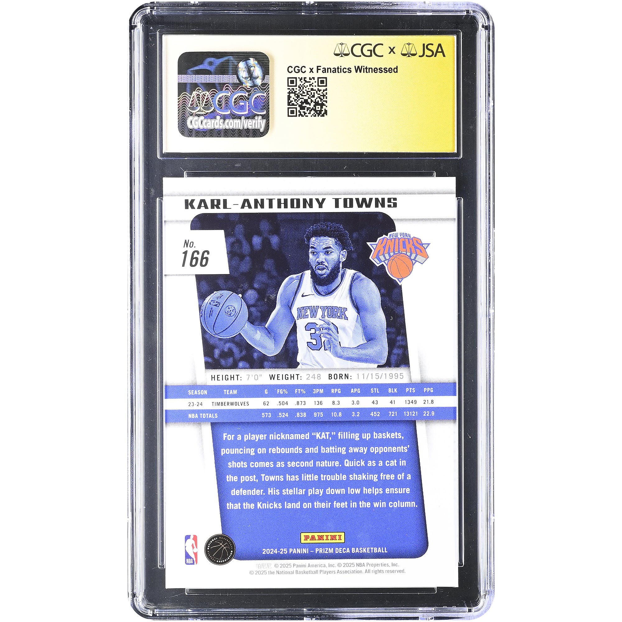 Karl-Anthony Towns New York Knicks Autographed 2024-25 Panini Prizm Deca #166 CGC Fanatics Witnessed Authenticated MINT 9 Card