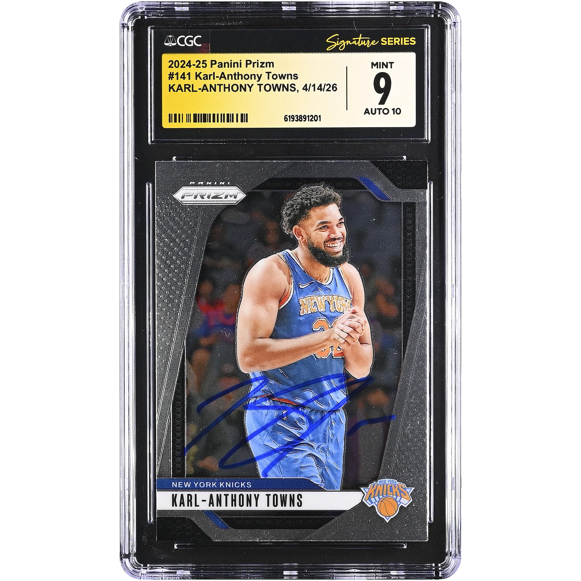 Carte autographiée de Karl-Anthony Towns (New York Knicks) 2024-25 Panini Prizm n° 141, authentifiée par CGC Fanatics Witnessed (9/10).