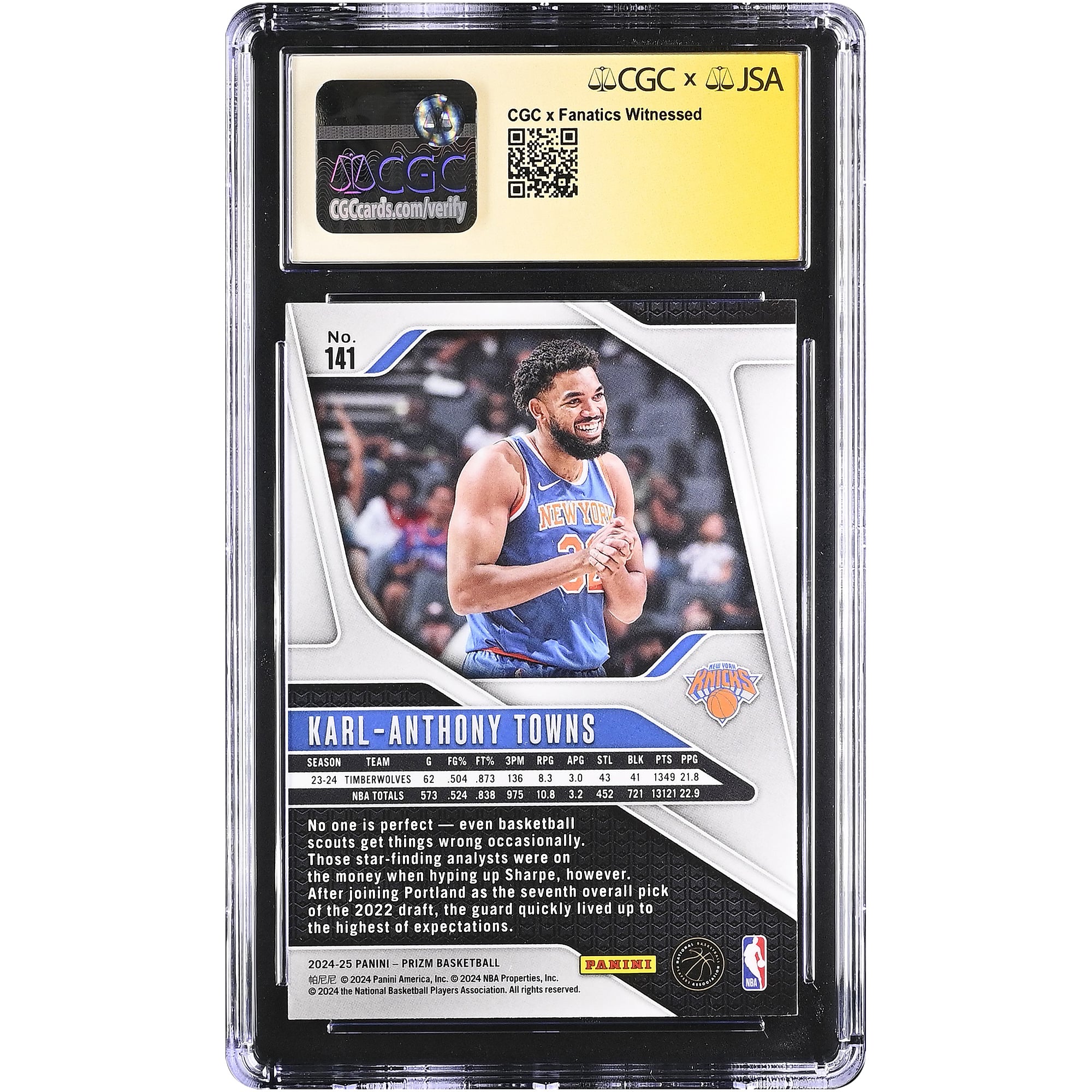 Carte autographiée de Karl-Anthony Towns (New York Knicks) 2024-25 Panini Prizm n° 141, authentifiée par CGC Fanatics Witnessed (9/10).