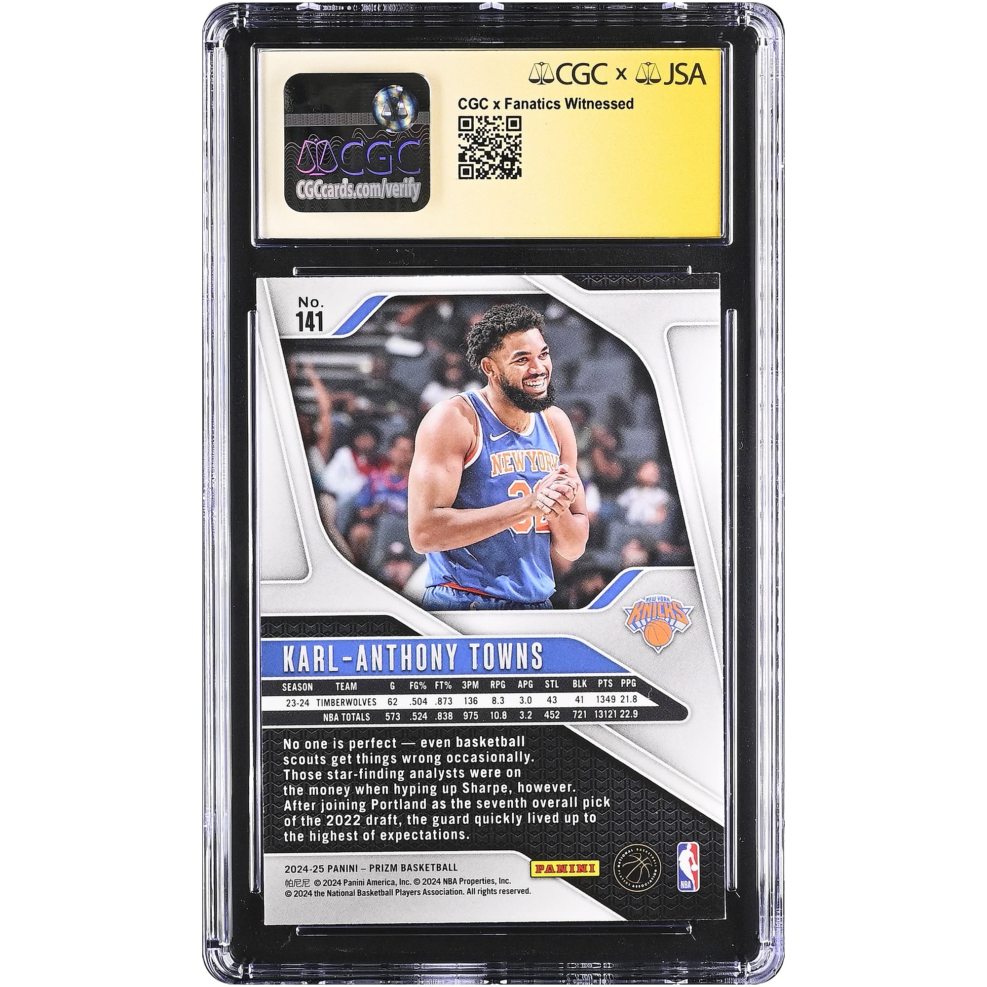 Karl-Anthony Towns New York Knicks Autographed 2024-25 Panini Prizm #141 CGC Fanatics Witnessed Authenticated AUTO 10 Card