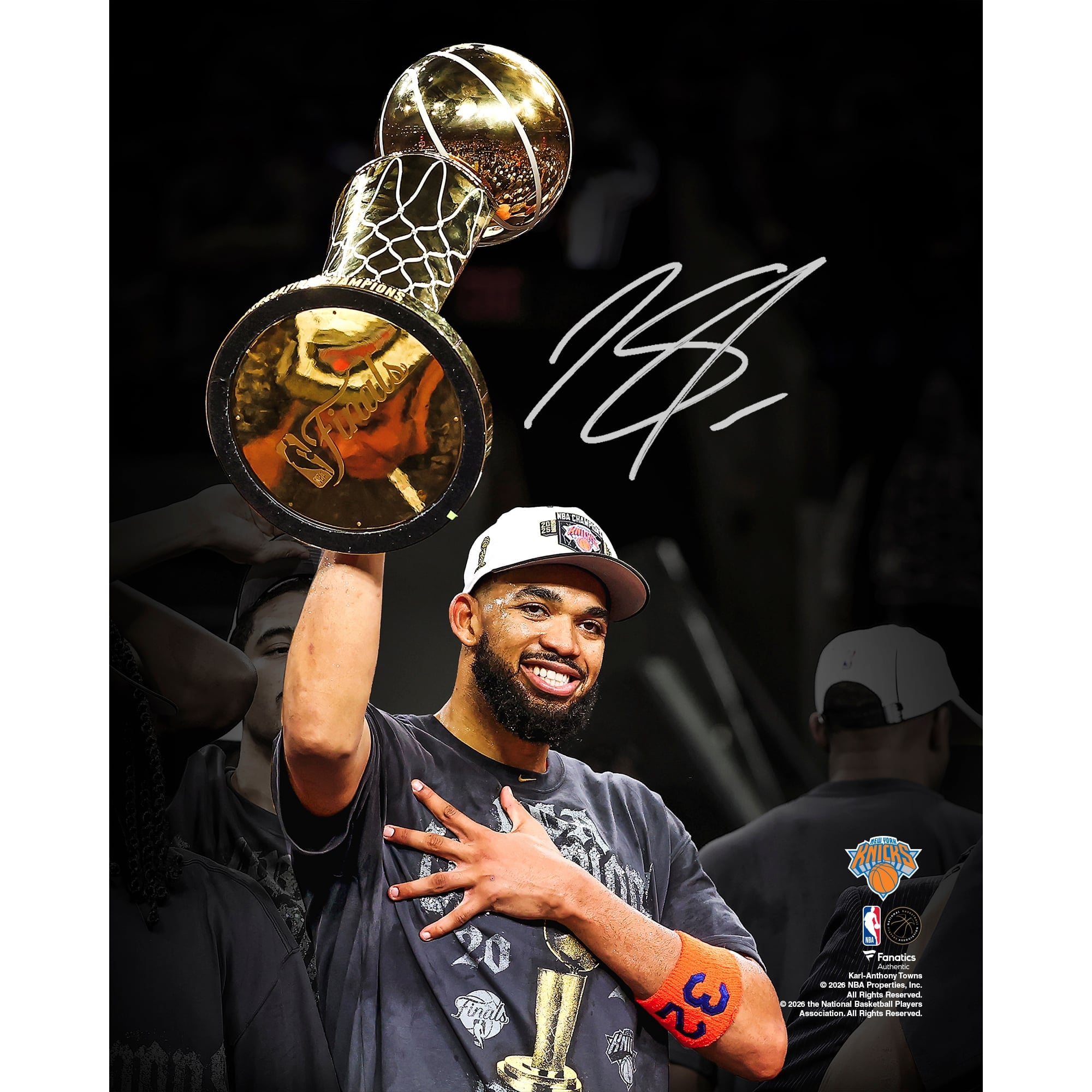 Karl-Anthony Towns New York Knicks Autographed 2026 NBA Finals Champions 8" x 10" Holding Larry O'Brien Trophy Spotlight Photograph