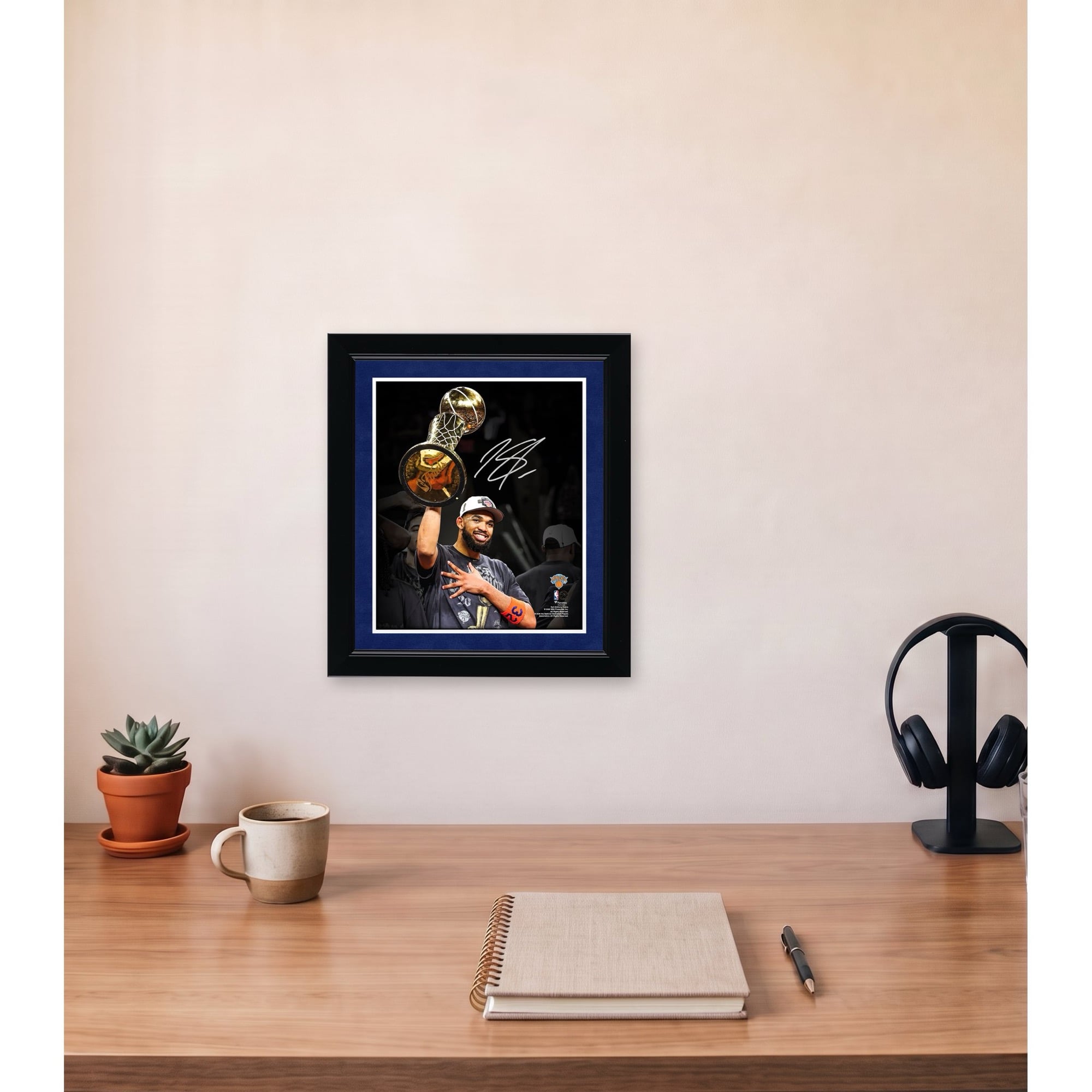 Karl-Anthony Towns New York Knicks Autographed 2026 NBA Finals Champions 8" x 10" Holding Larry O'Brien Trophy Spotlight Photograph