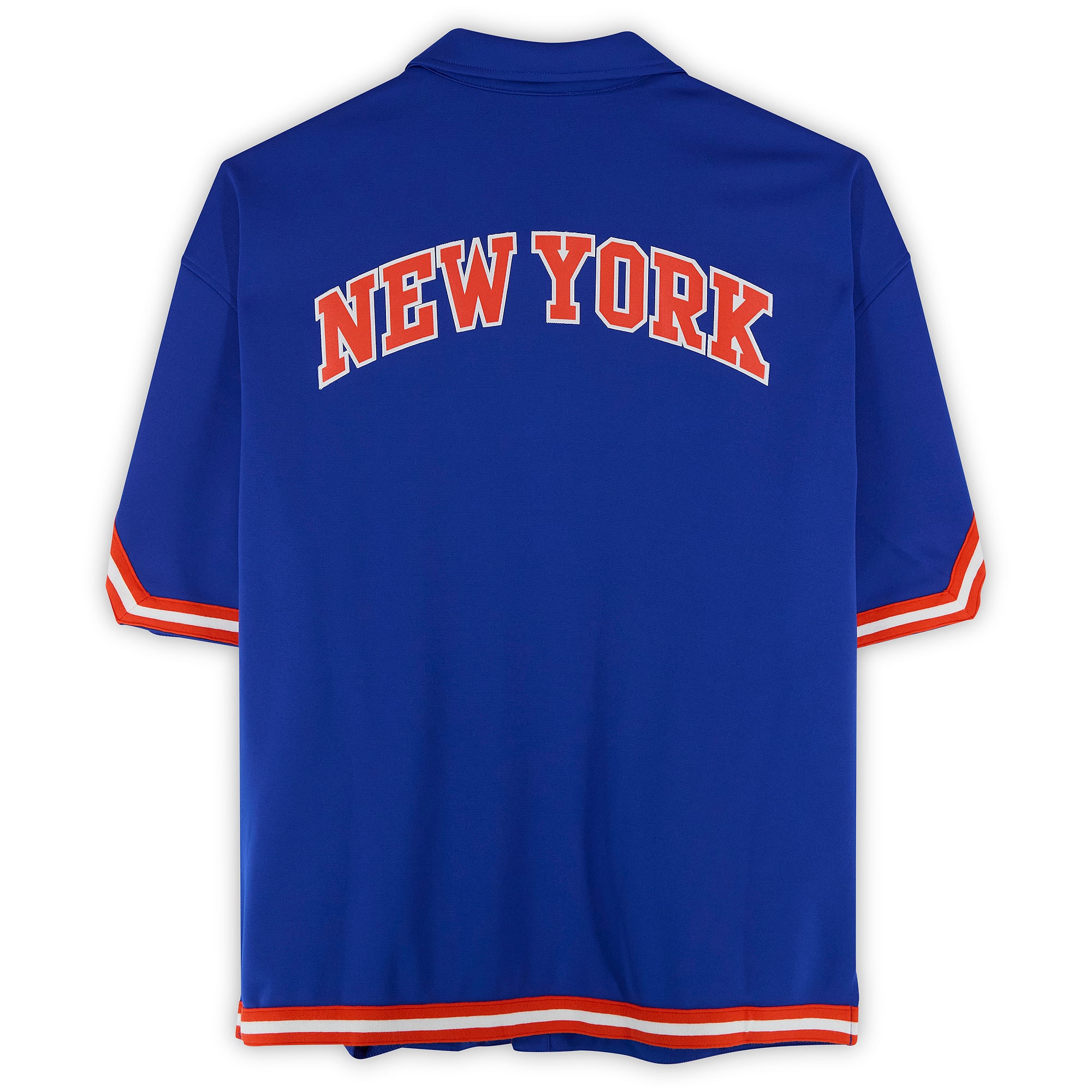 T-shirt bleu autographié par Karl-Anthony Towns des New York Knicks, collection MF DOOM x NY Knicks x Mitchell & Ness « A New York Story », format Full-Snap Shooting