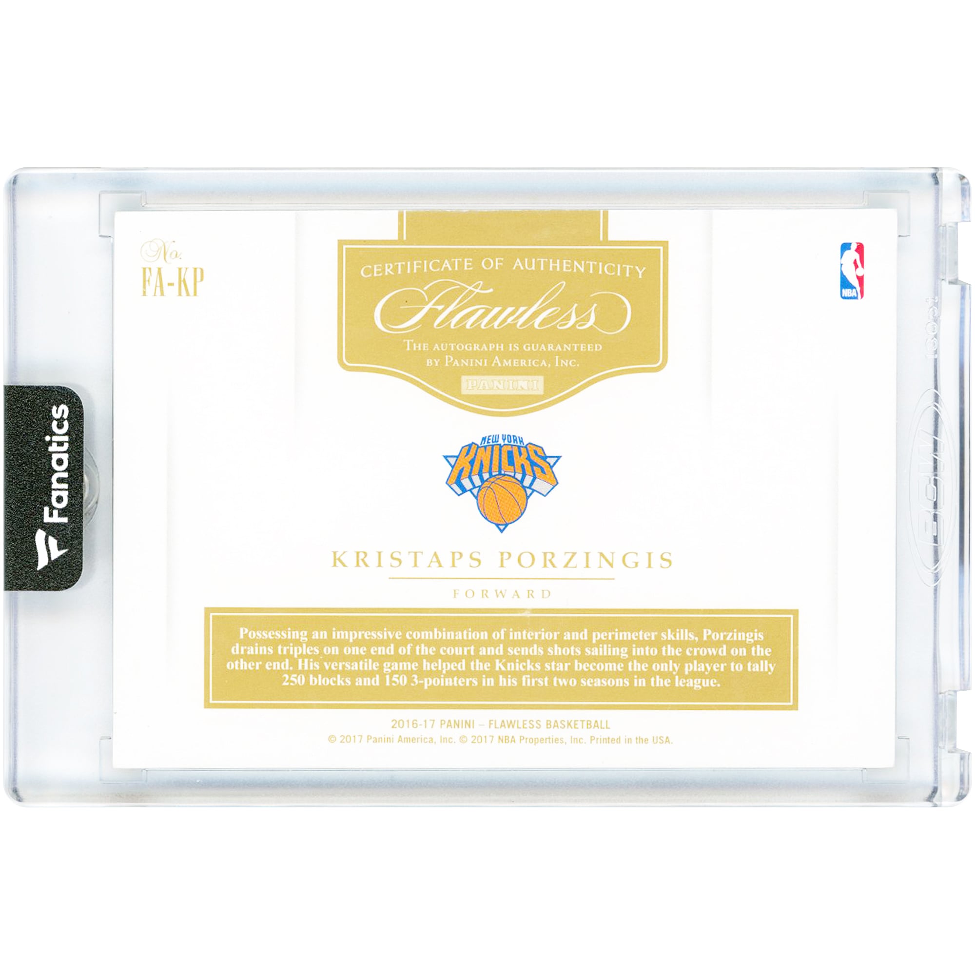 Carte autographiée de Kristaps Porziņģis (New York Knicks) 2016-17 Panini Flawless Gold Proof Flawless #FA-KP #1/2