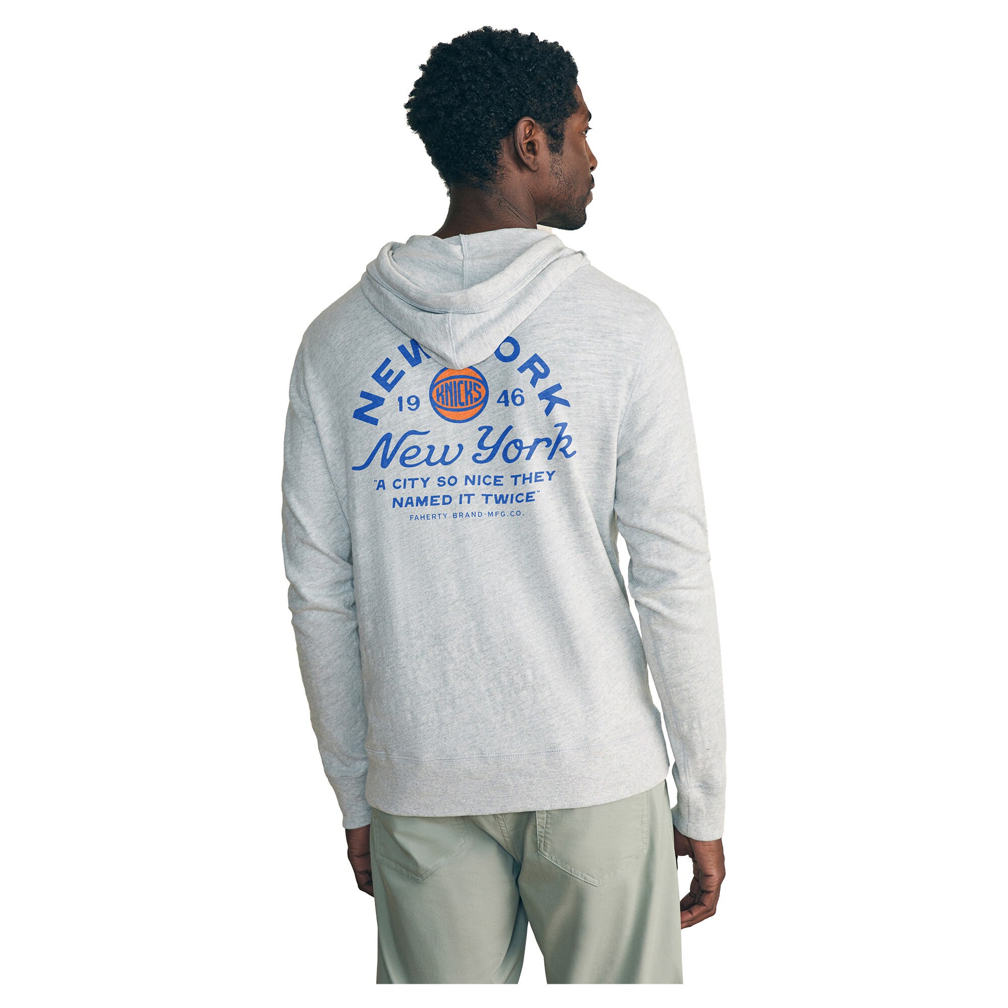 Sweat à capuche léger FAHERTY pour homme, gris chiné, New York Knicks, en tissu flammé délavé.