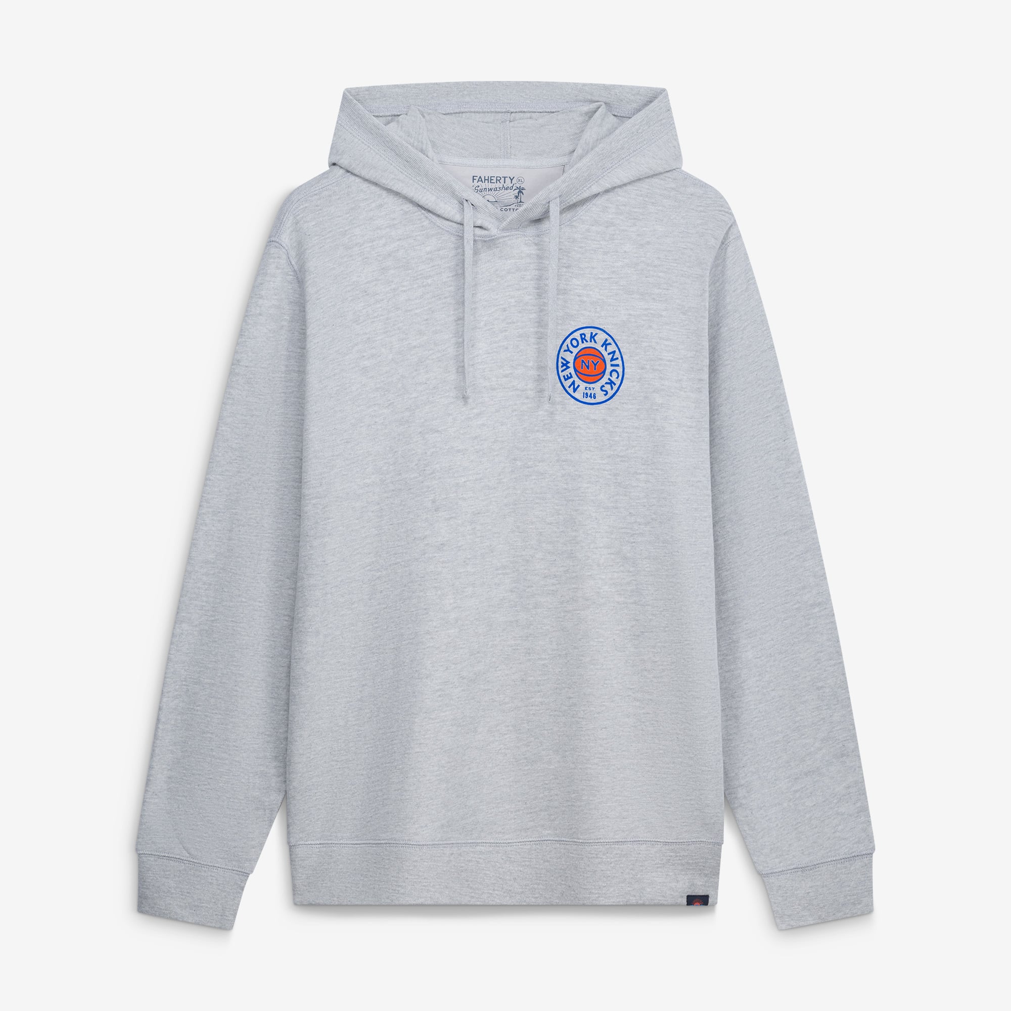 Sweat à capuche léger FAHERTY pour homme, gris chiné, New York Knicks, en tissu flammé délavé.