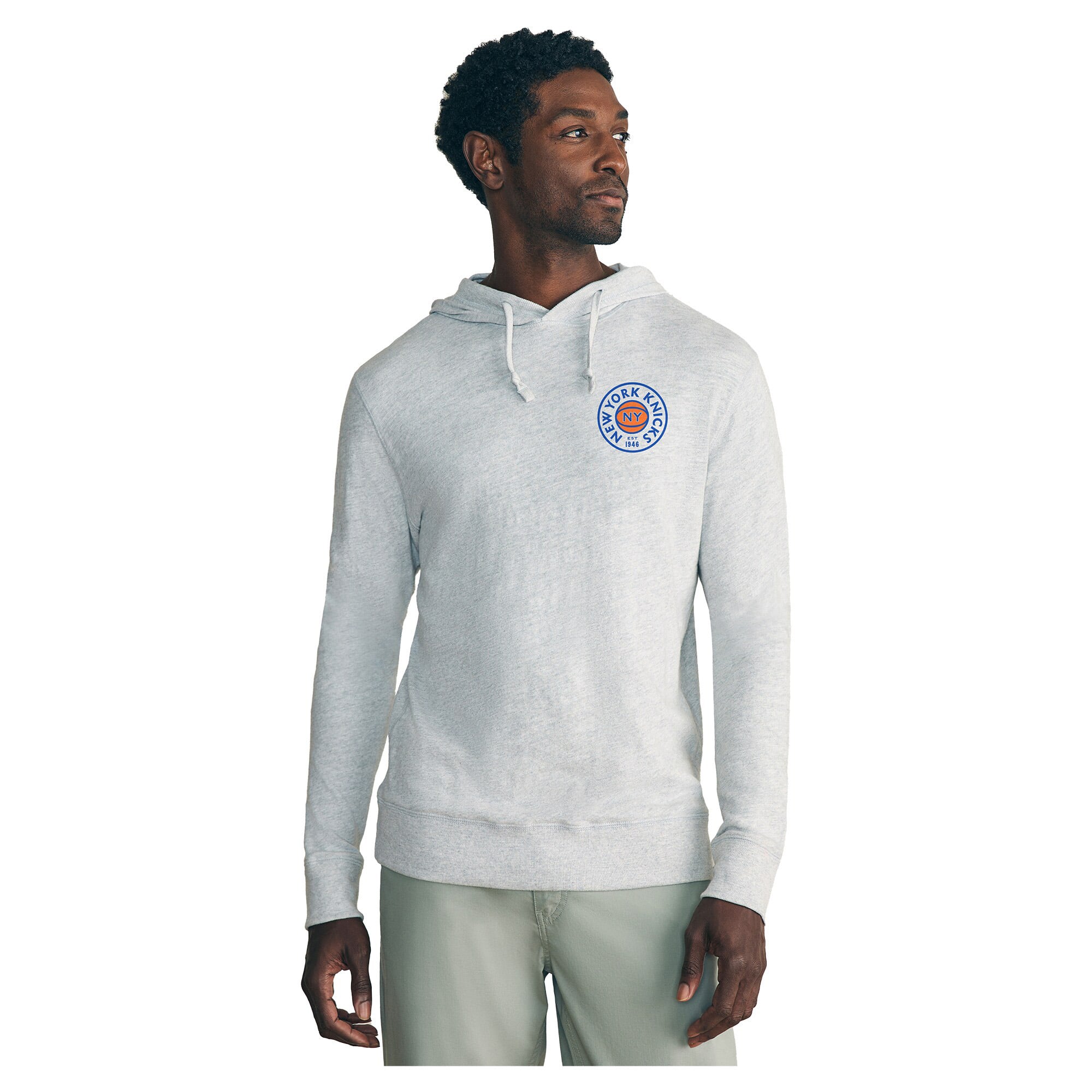 Sweat à capuche léger FAHERTY pour homme, gris chiné, New York Knicks, en tissu flammé délavé.