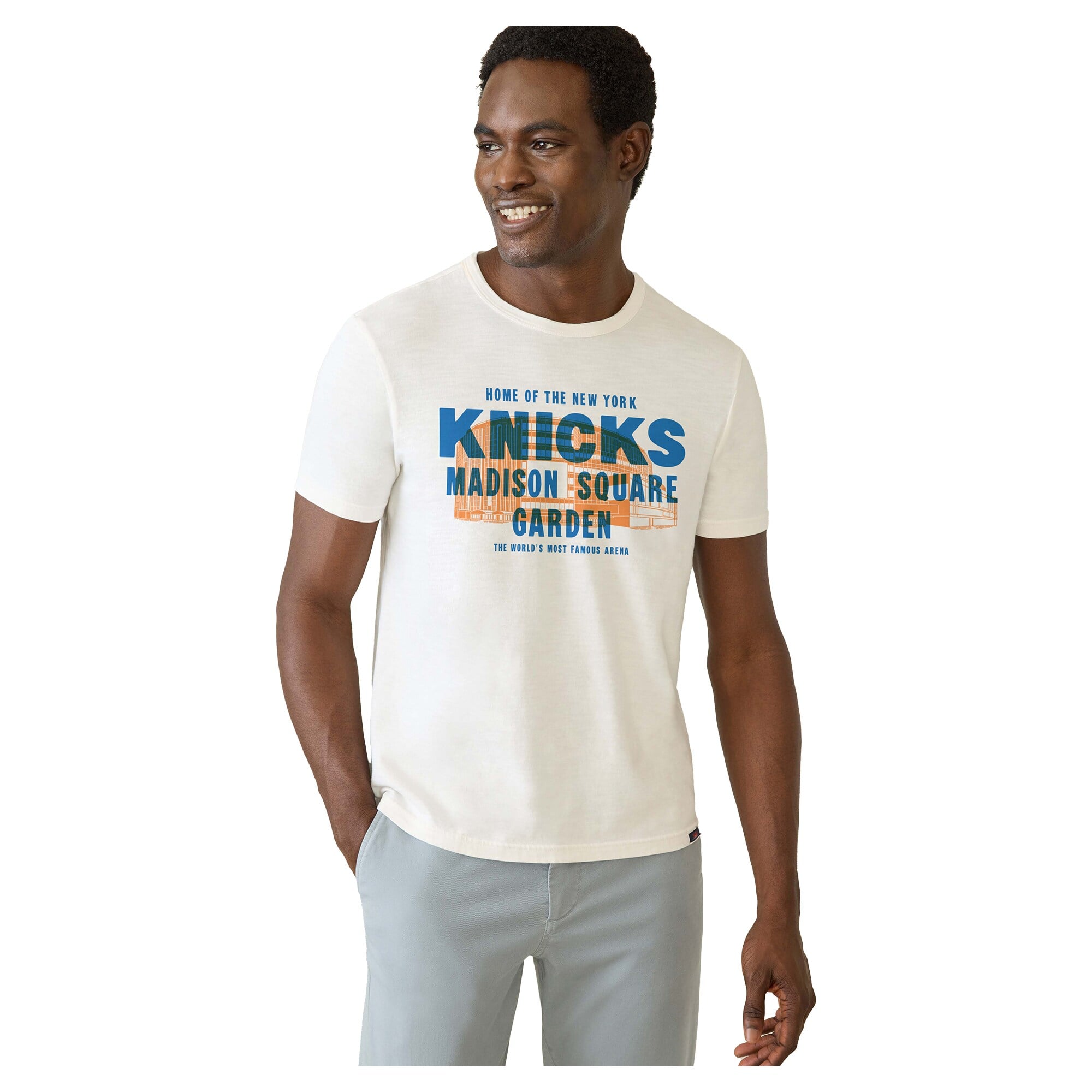 T-shirt FAHERTY blanc pour homme, New York Knicks, Madison Square Garden, délavé au soleil