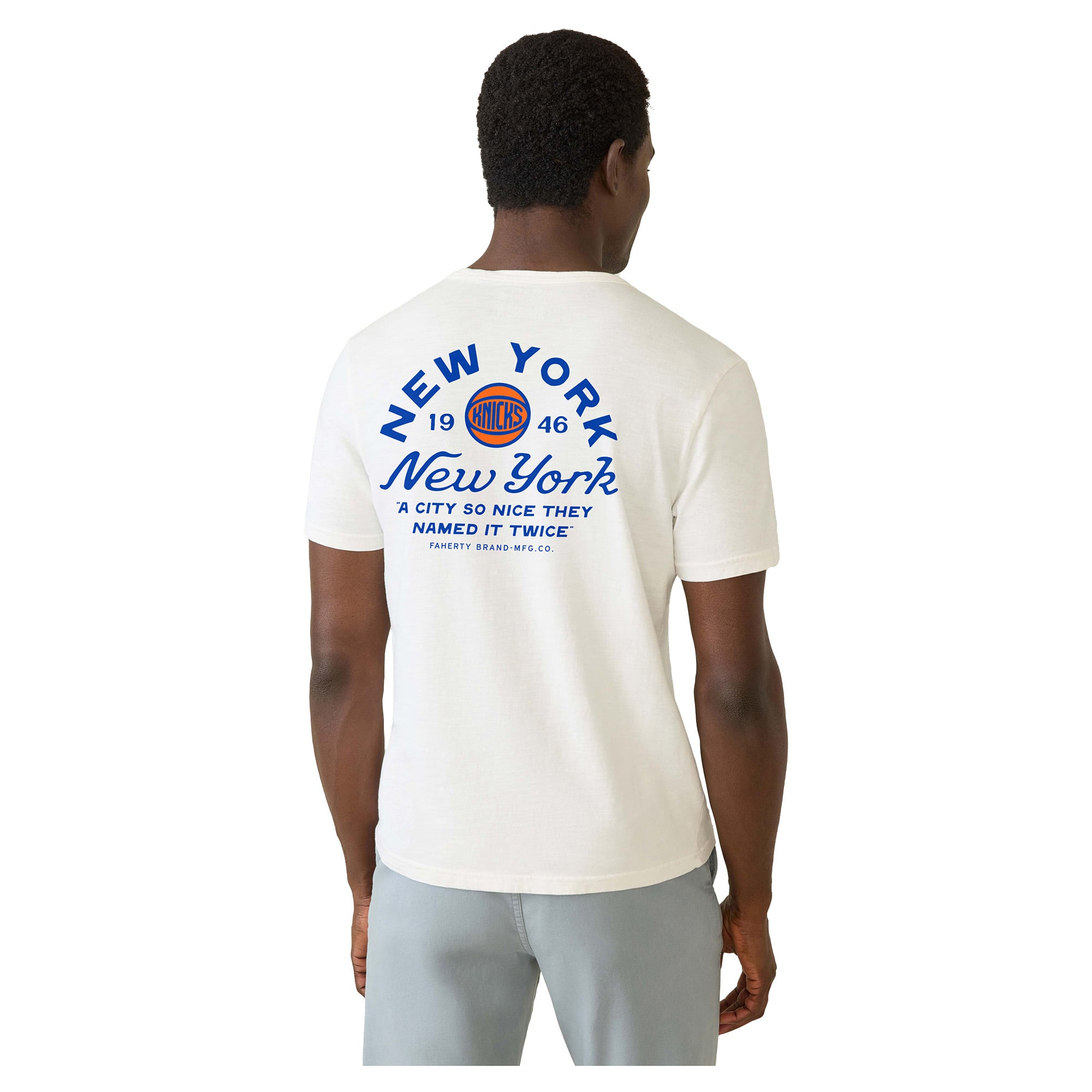 T-shirt FAHERTY blanc pour homme New York Knicks « So Nice They Named It Twice » délavé au soleil