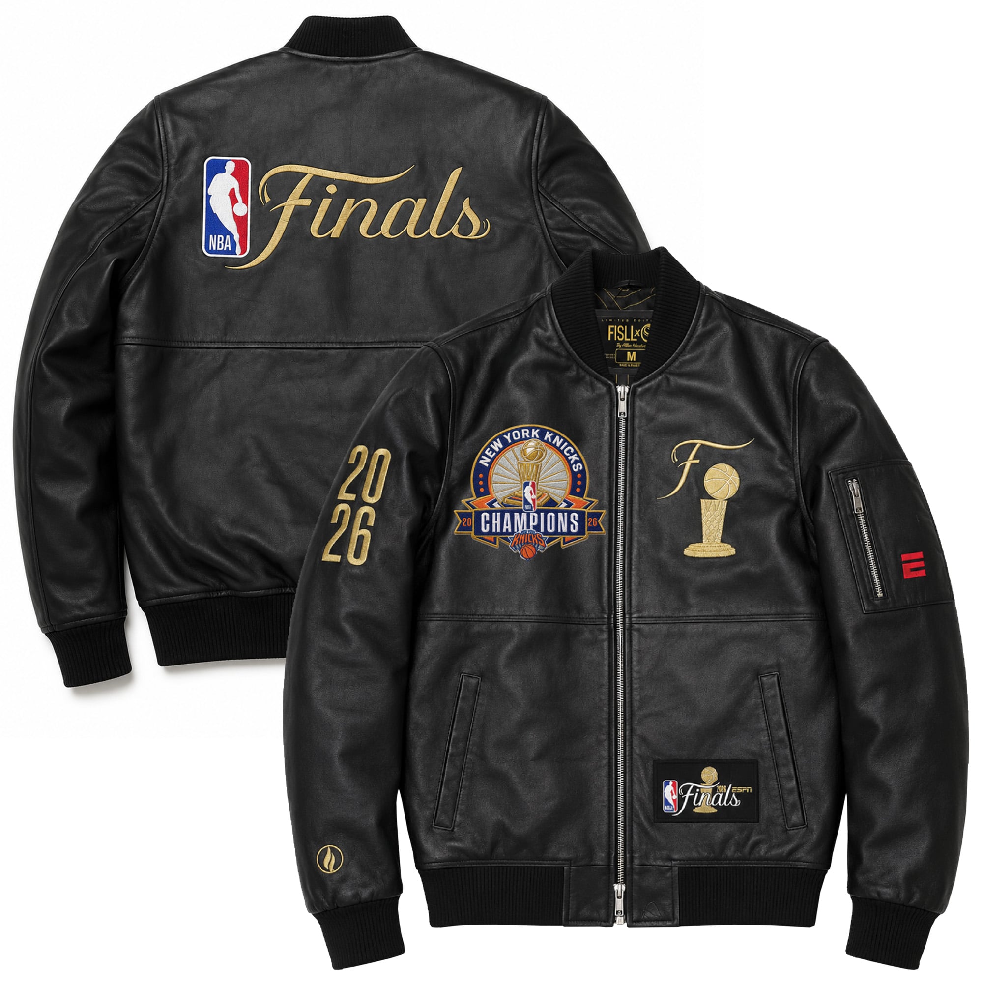 Men's FISLL White New York Knicks 2026 NBA Finals Champions Team Full-Zip Leather Jacket