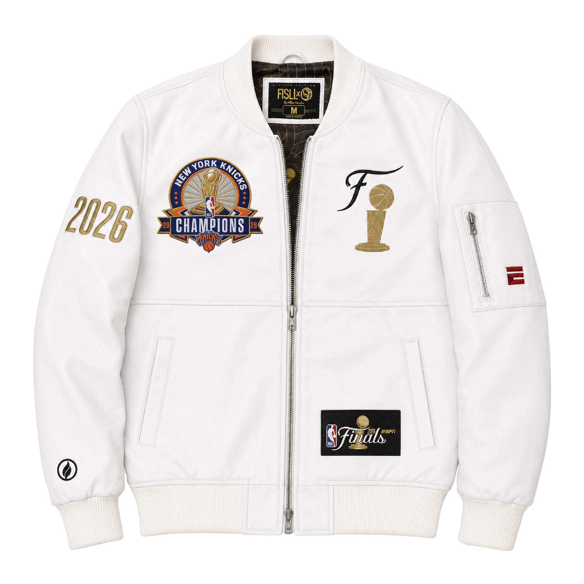 Veste en cuir zippée blanche New York Knicks 2026, champion NBA, pour homme (FISLL)