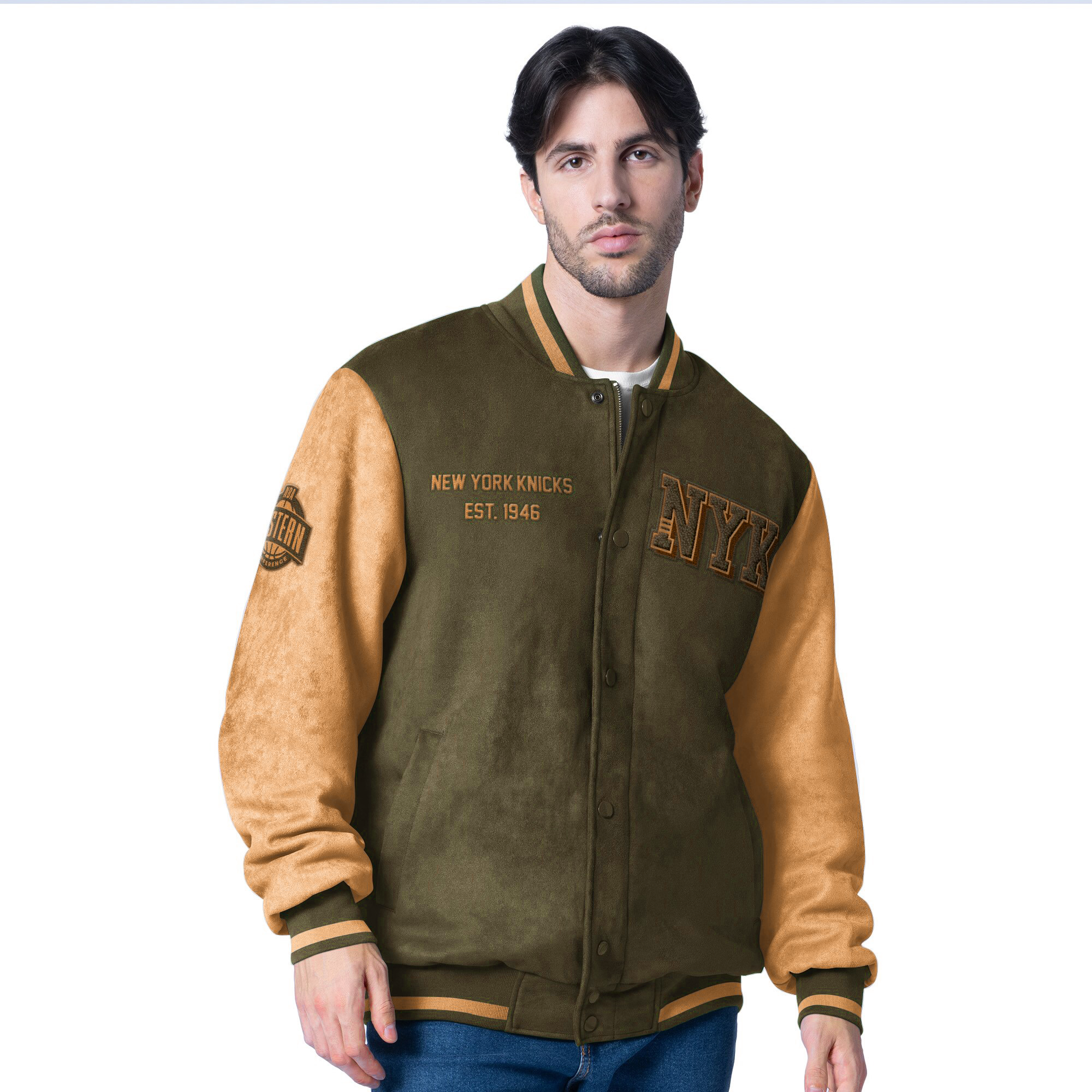 Men's G-III Sports by Carl Banks  Olive New York Knicks Infielder Faux Suede Full-Zip Varsity Jacket