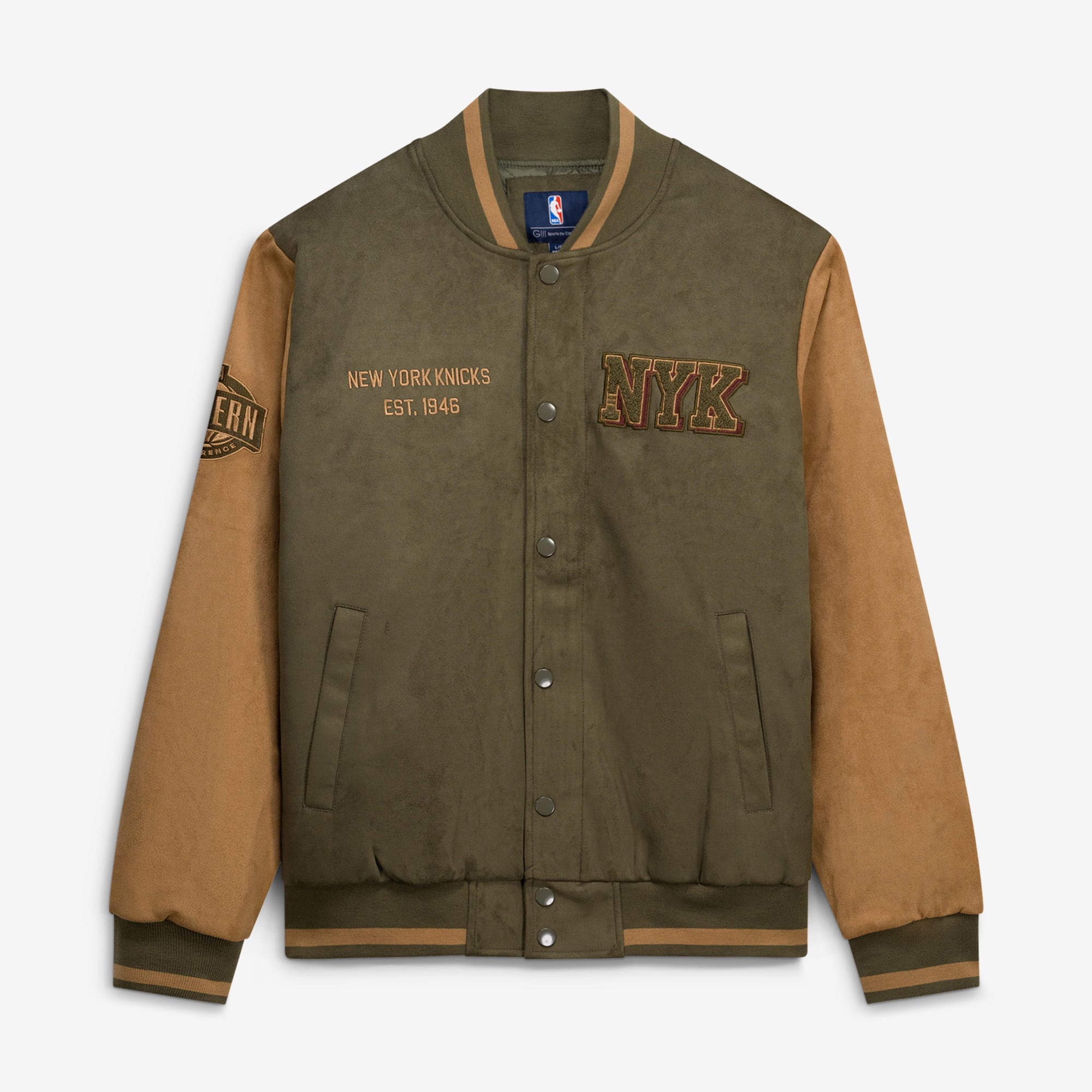 Men's G-III Sports by Carl Banks  Olive New York Knicks Infielder Faux Suede Full-Zip Varsity Jacket