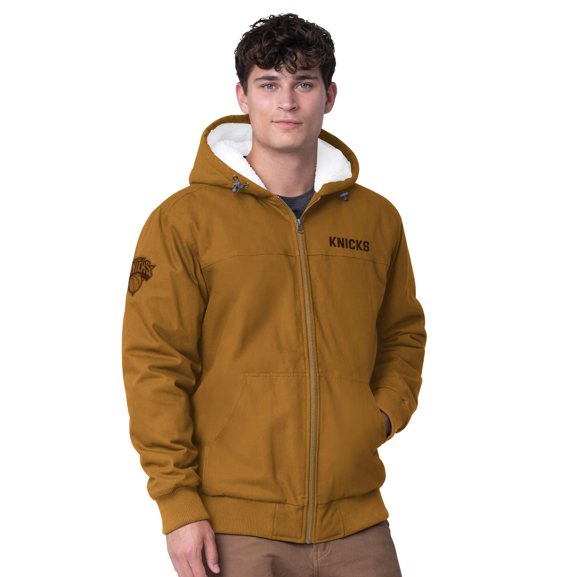 Men's G-III Sports by Carl Banks Tan New York Knicks Build Up Heavy Duck Canvas Full-Zip Hoodie