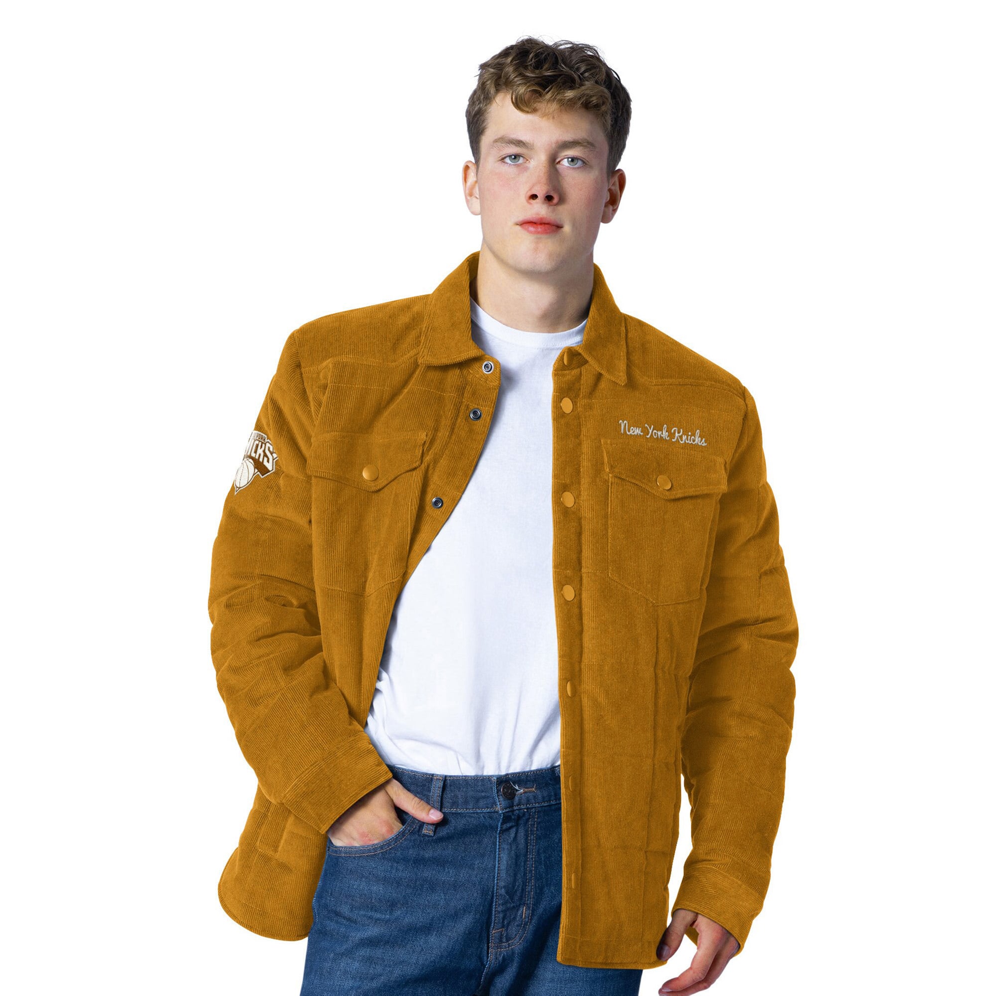 Men's G-III Sports by Carl Banks Tan New York Knicks Triumph Corduroy Chainstitch Quilted Full-Snap Jacket
