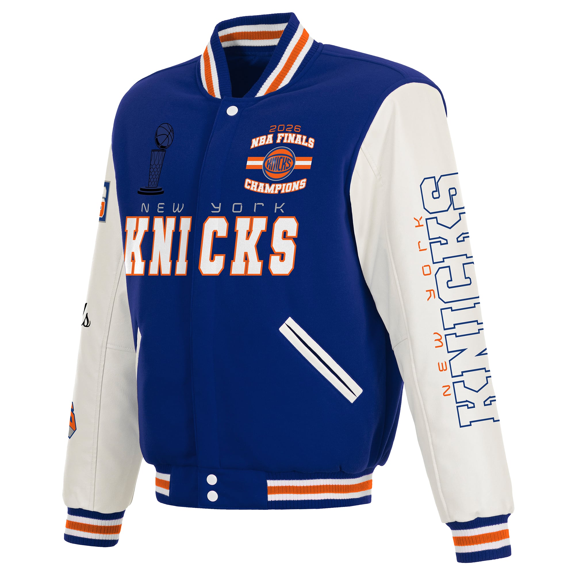 Veste universitaire réversible à boutons-pression pour homme JH Design bleue et blanche des New York Knicks, champions finales NBA 2026