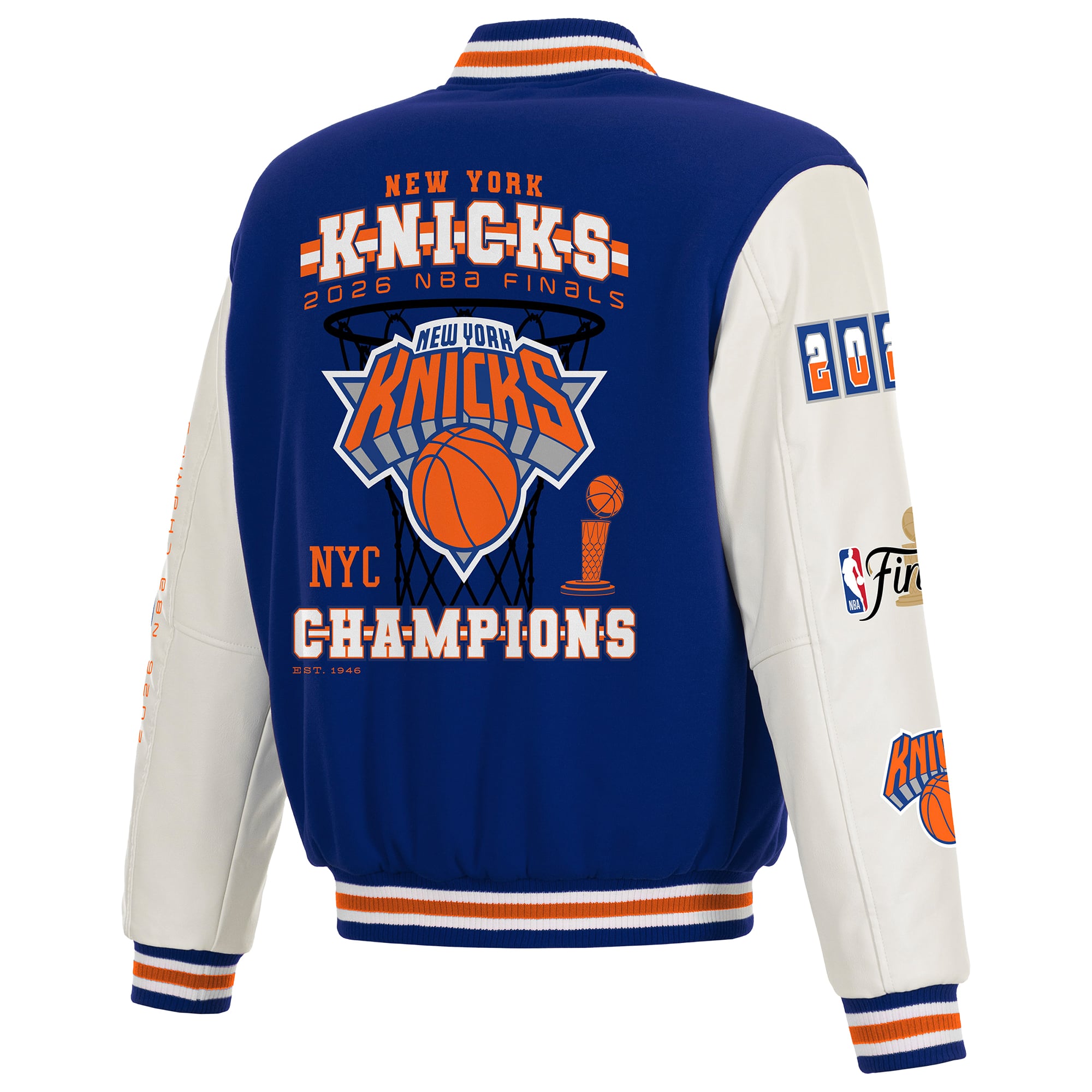 Veste universitaire réversible à boutons-pression pour homme JH Design bleue et blanche des New York Knicks, champions finales NBA 2026